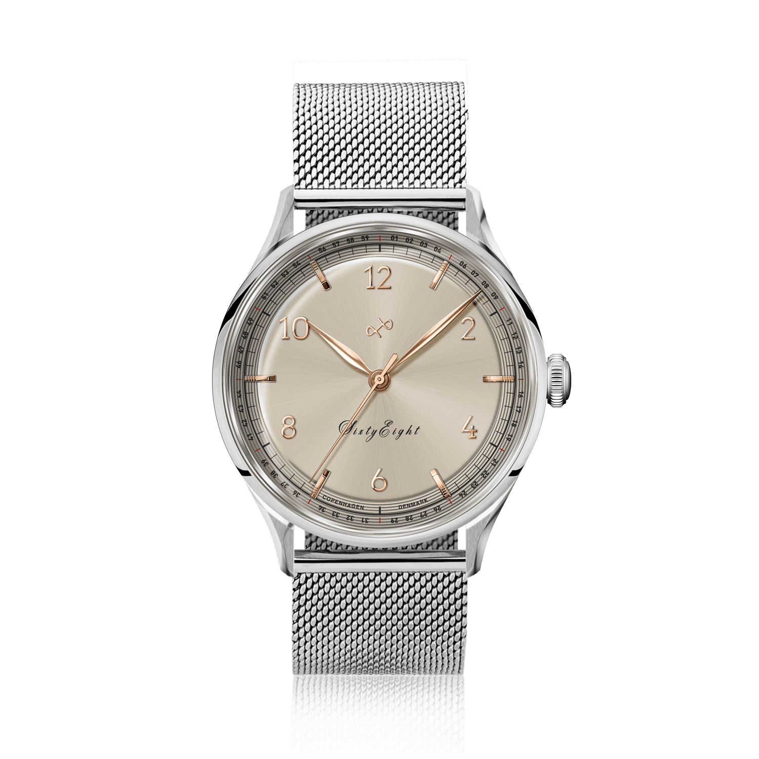 1968 Sixtyeight by AV86 vintage-inspired dress watch with sapphire crystal, delicate dial, and stainless steel mesh strap