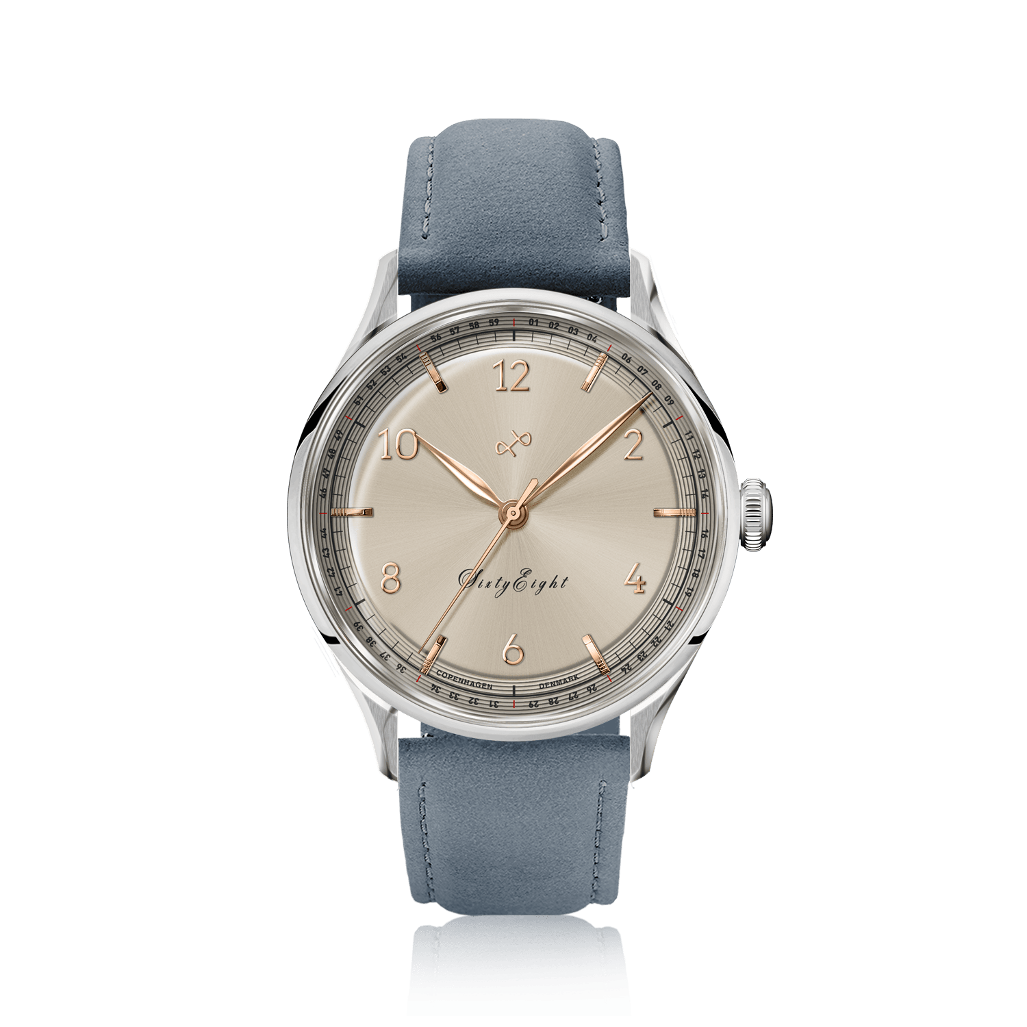1968 Sixtyeight by AV86 vintage-inspired dress watch with sapphire crystal, refined dial, and blue leather strap
