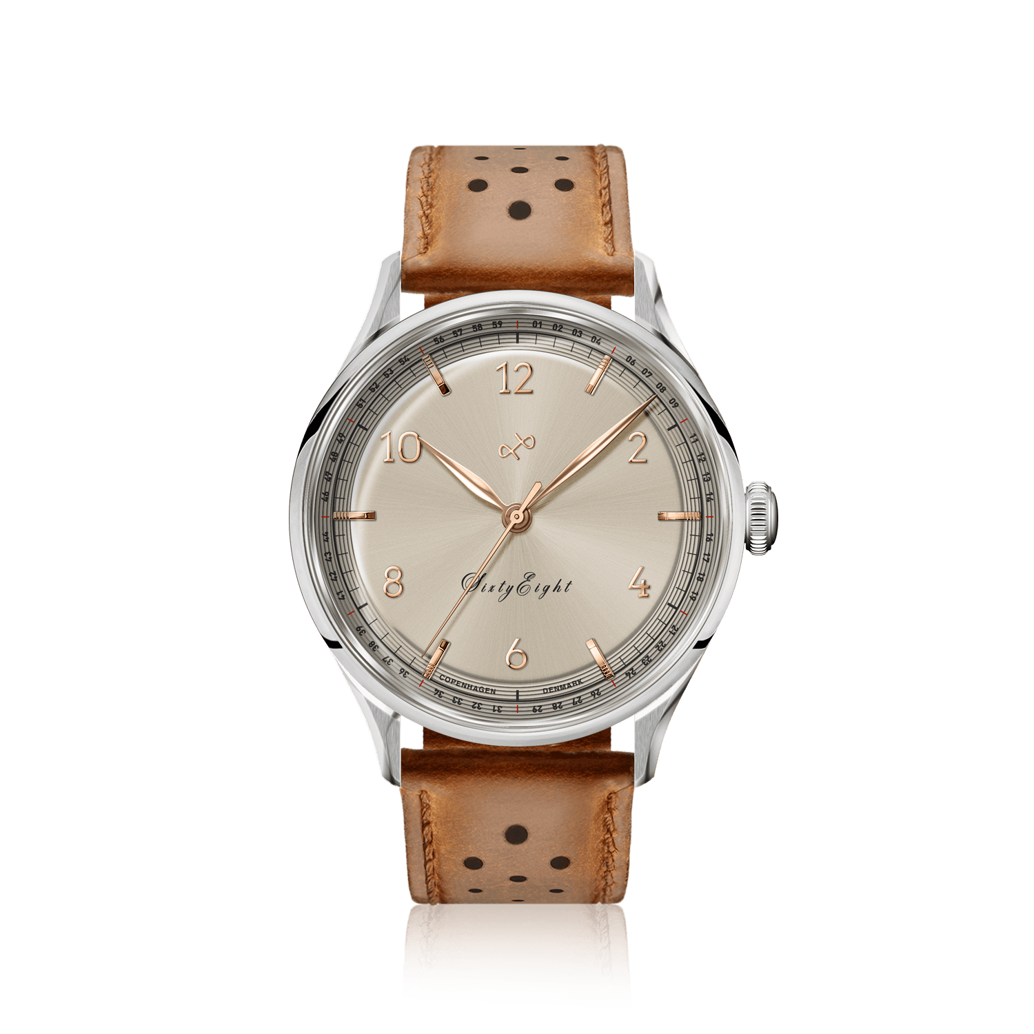1968 Sixtyeight by AV86 vintage-inspired dress watch with champagne dial, sapphire crystal, and perforated brown leather strap