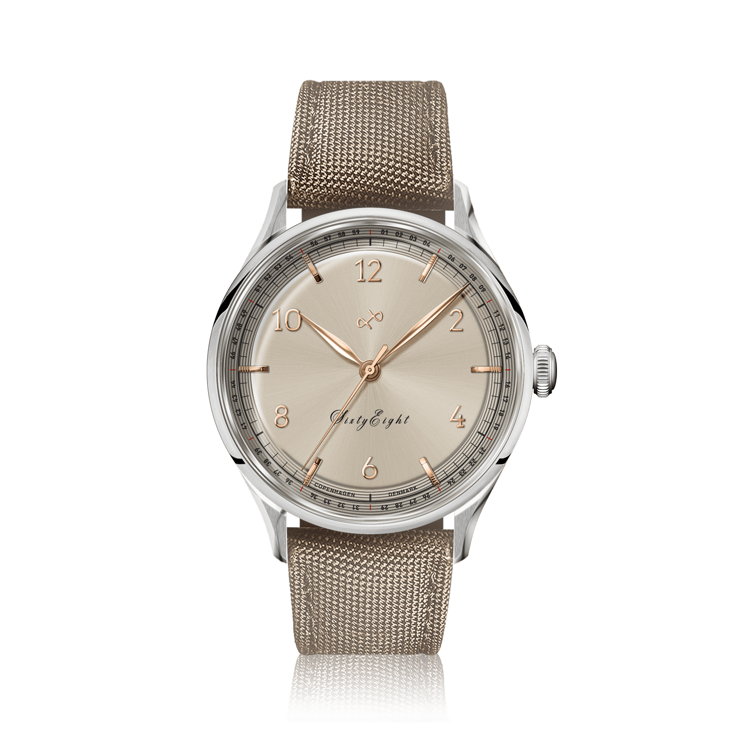 1968 Sixtyeight by AV86 vintage-inspired dress watch with sapphire crystal, delicate champagne dial, and textured fabric strap