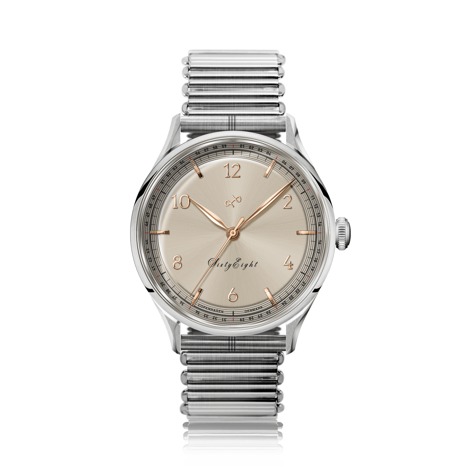 1968 Sixtyeight by AV86 vintage-inspired dress watch with domed sapphire crystal, delicate champagne dial, and stainless steel bracelet strap