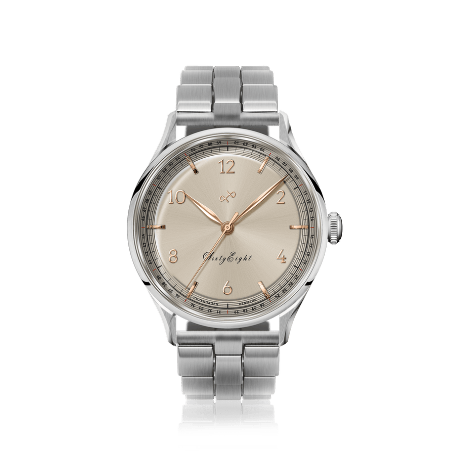 1968 Sixtyeight by AV86 vintage-inspired dress watch with sapphire crystal, delicate dial, and polished metal bracelet strap