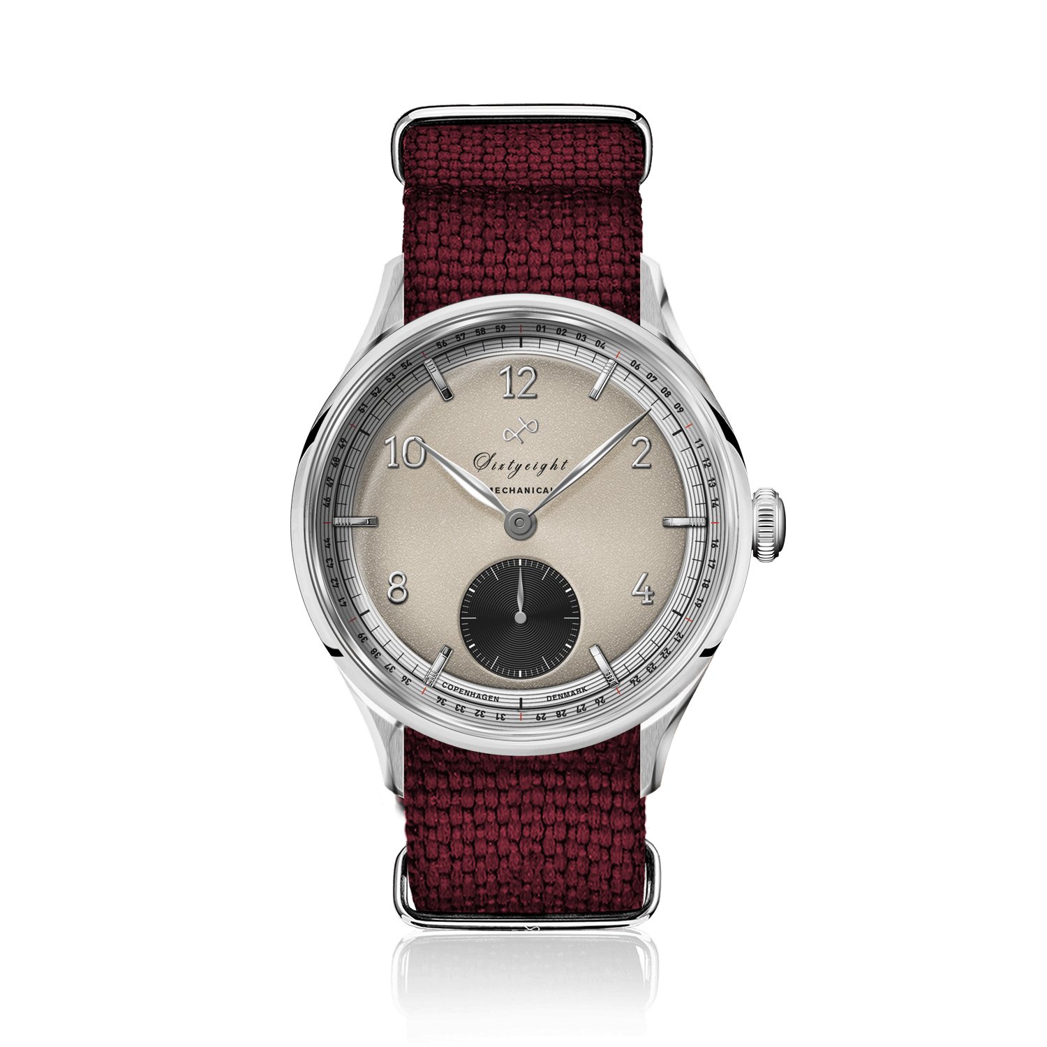 1968 Mechanical (Hand-Wound) by AV86 with vintage-inspired dial, sapphire crystal, small seconds, and textured fabric strap