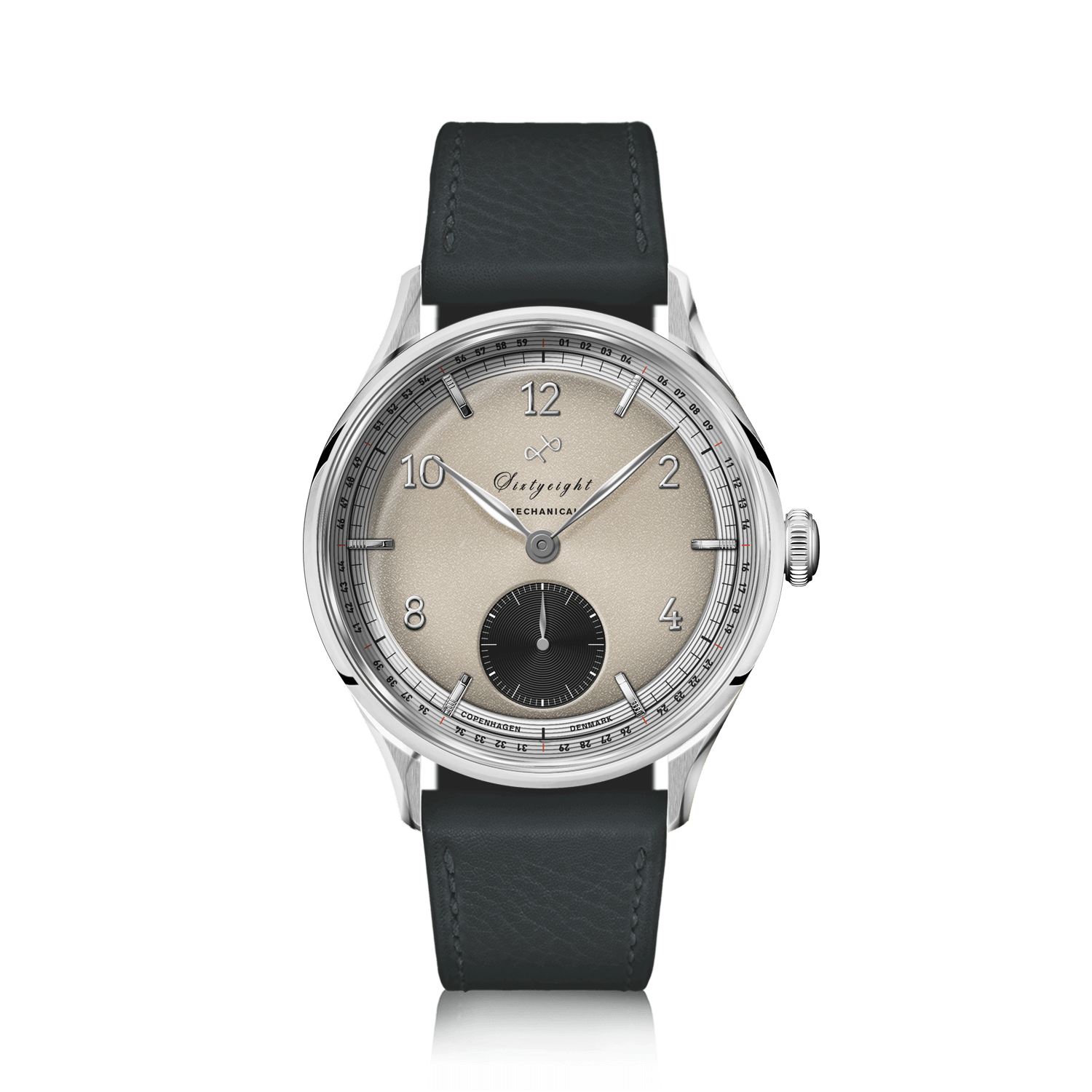 1968 Mechanical (Hand-Wound) by AV86 vintage-inspired dress watch with sapphire crystal, mechanical movement, and black leather strap