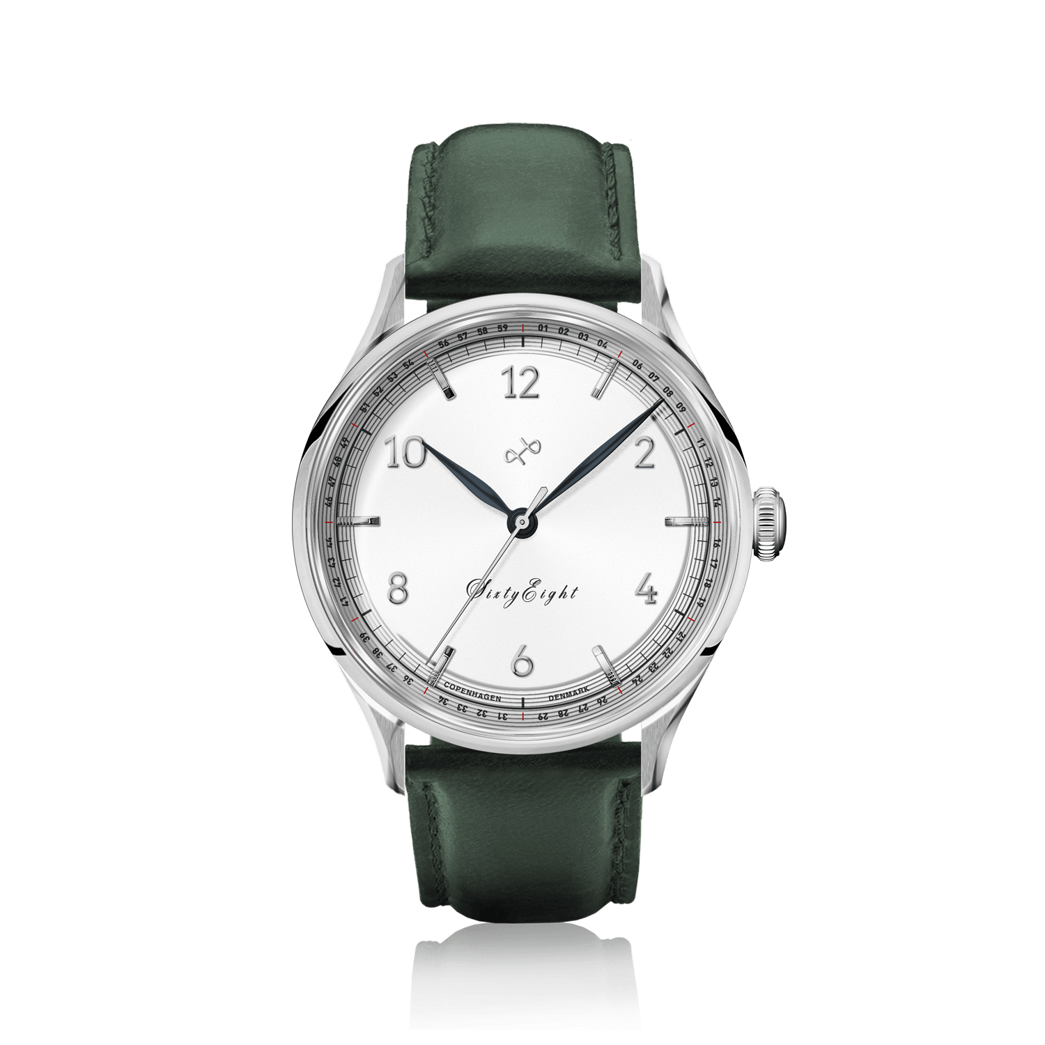 1968 Sixtyeight by AV86 vintage-inspired dress watch with sapphire crystal, minimalist dial, and green leather strap