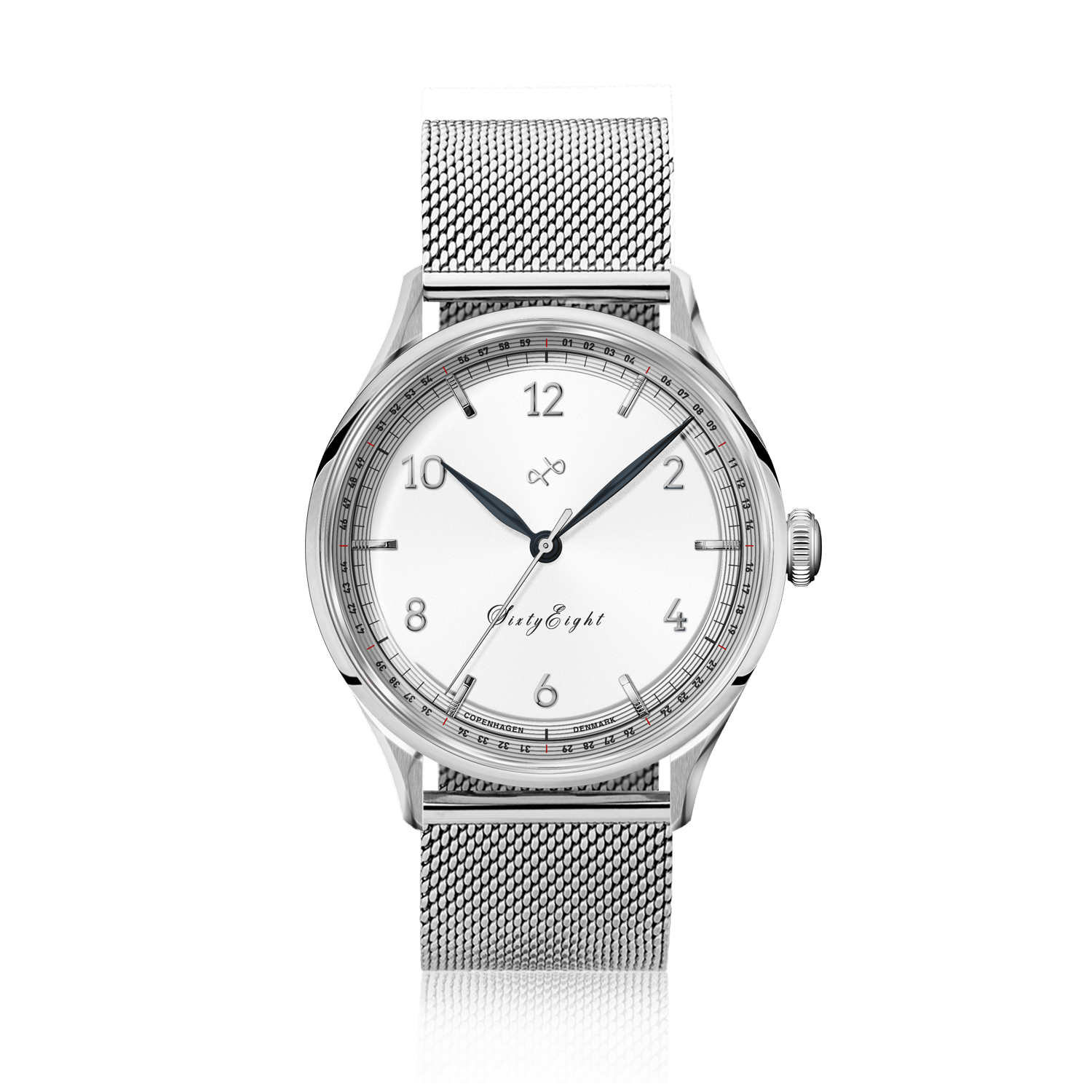 1968 Sixtyeight by AV86 vintage-inspired dress watch with sapphire crystal, minimalist dial, and stainless steel mesh strap