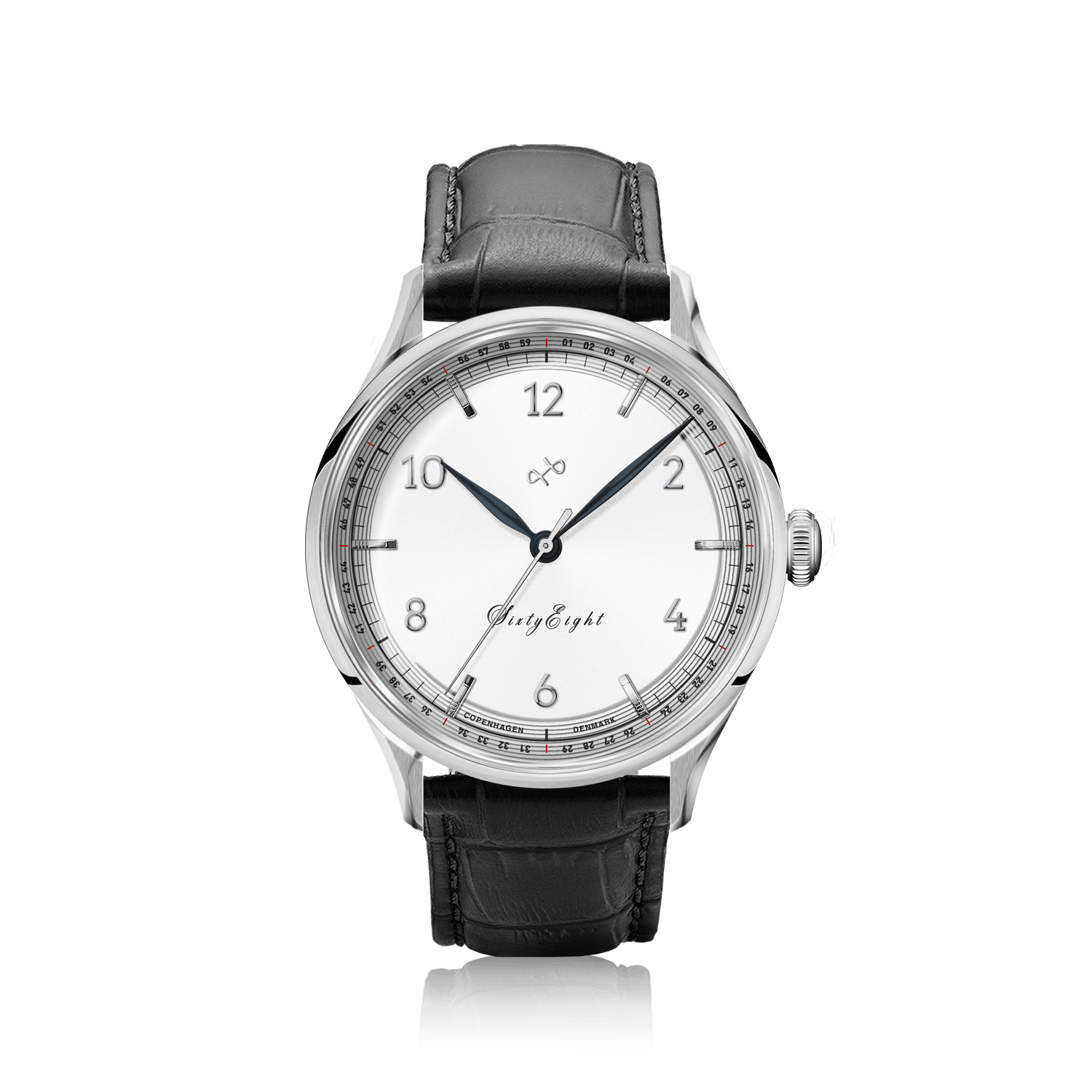 1968 Sixtyeight by AV86 vintage-inspired dress watch with sapphire crystal, minimalist dial, and black leather strap
