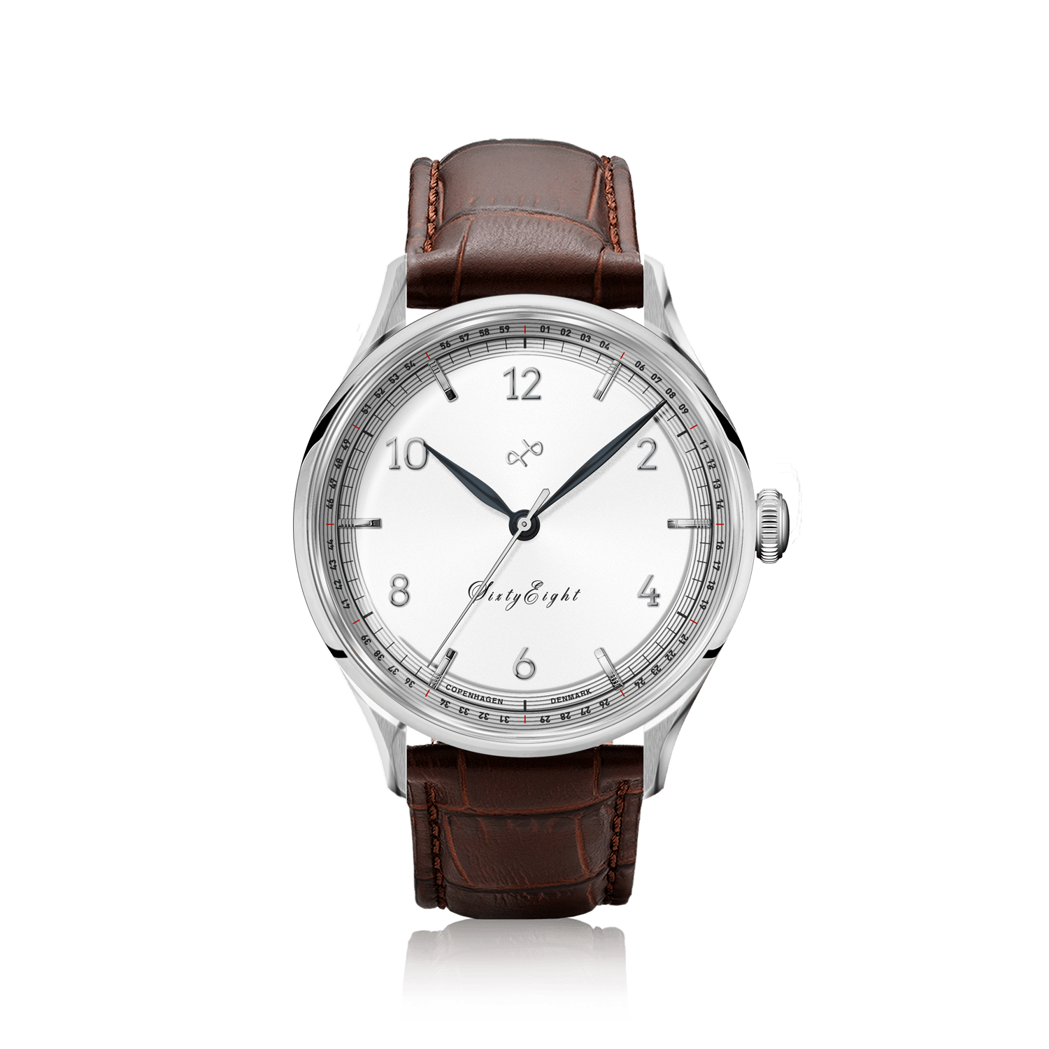 1968 Sixtyeight by AV86 vintage-inspired dress watch with sapphire crystal, polished steel case, and brown leather strap