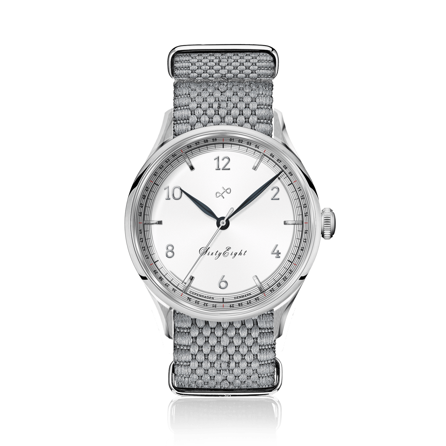 1968 Sixtyeight by AV86 vintage-inspired dress watch with sapphire crystal, polished steel case, and textured grey fabric strap