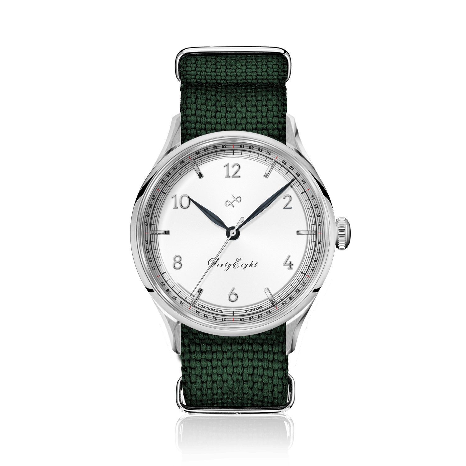 1968 Sixtyeight by AV86 vintage-inspired dress watch with sapphire crystal, white dial, and textured green fabric strap