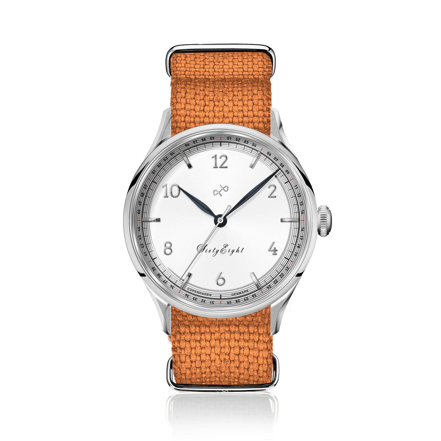 1968 Sixtyeight by AV86 vintage-inspired dress watch with sapphire crystal, minimalist dial, and textured fabric strap