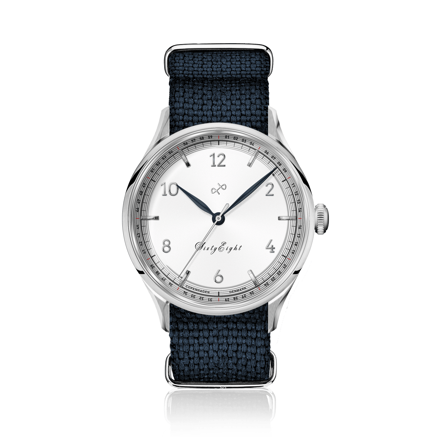 1968 Sixtyeight by AV86 vintage-inspired dress watch with sapphire crystal, subtle white dial, and textured fabric strap