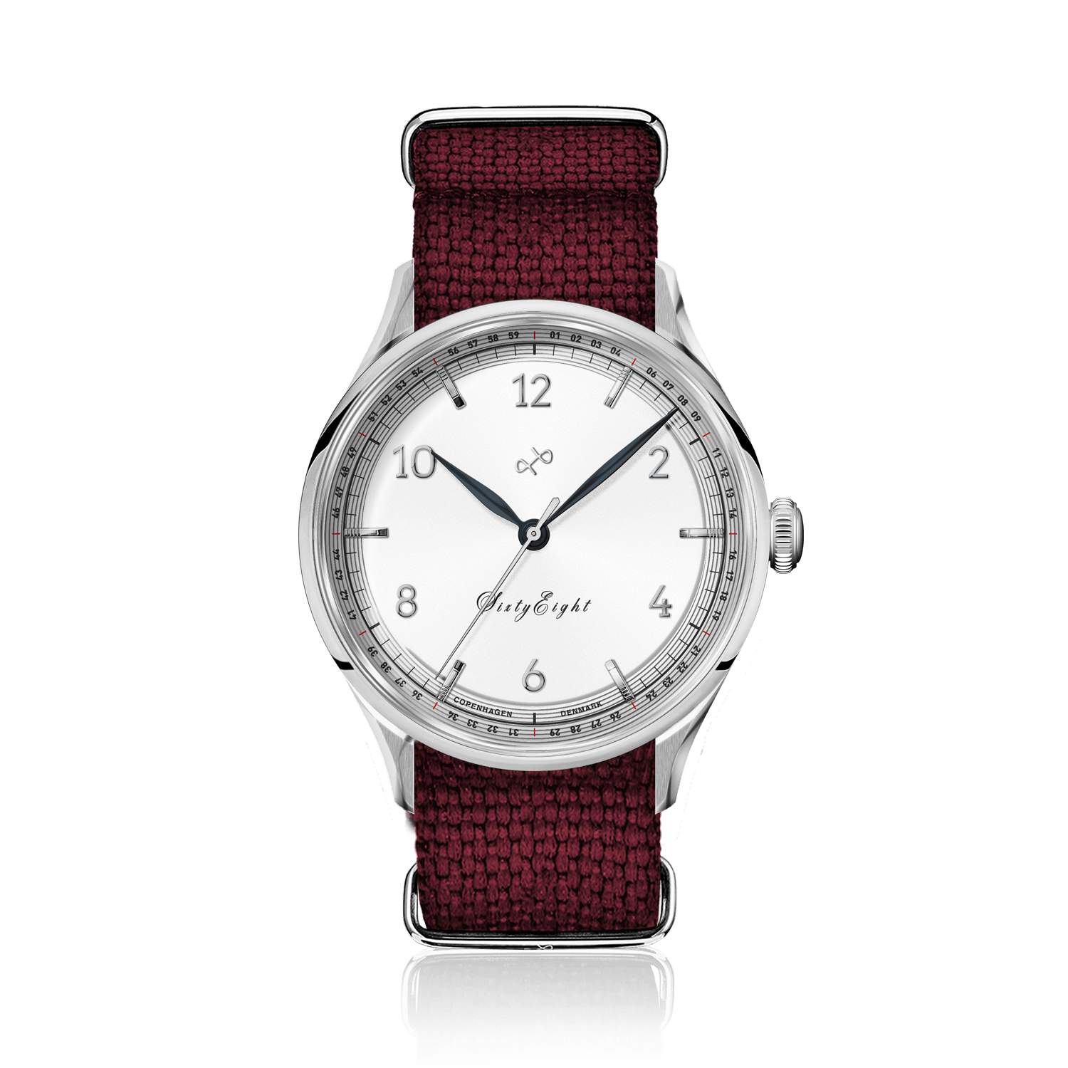 1968 Sixtyeight by AV86 vintage-inspired dress watch with sapphire crystal, minimalist dial, and textured fabric strap