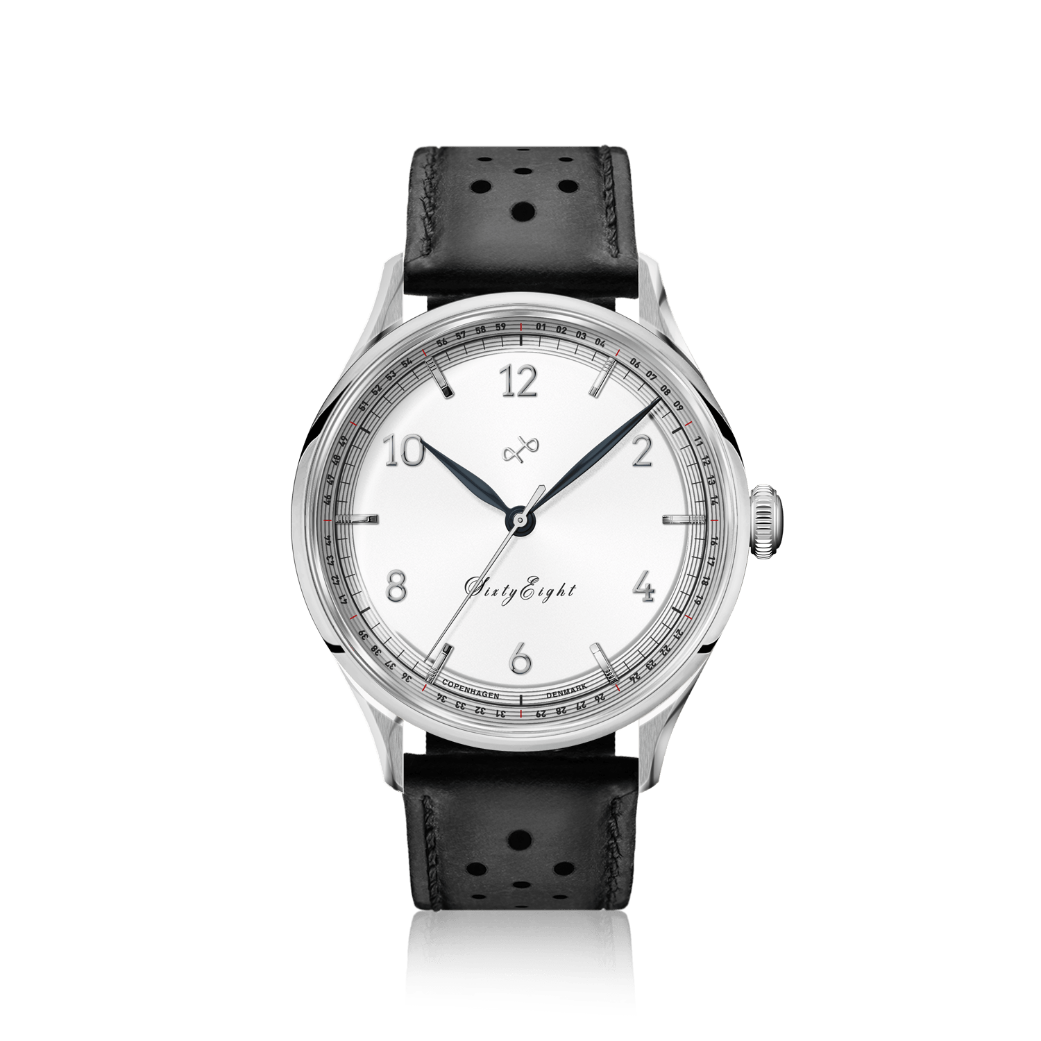 1968 Sixtyeight by AV86 vintage-inspired dress watch with sapphire crystal, minimalist dial, and perforated black leather strap