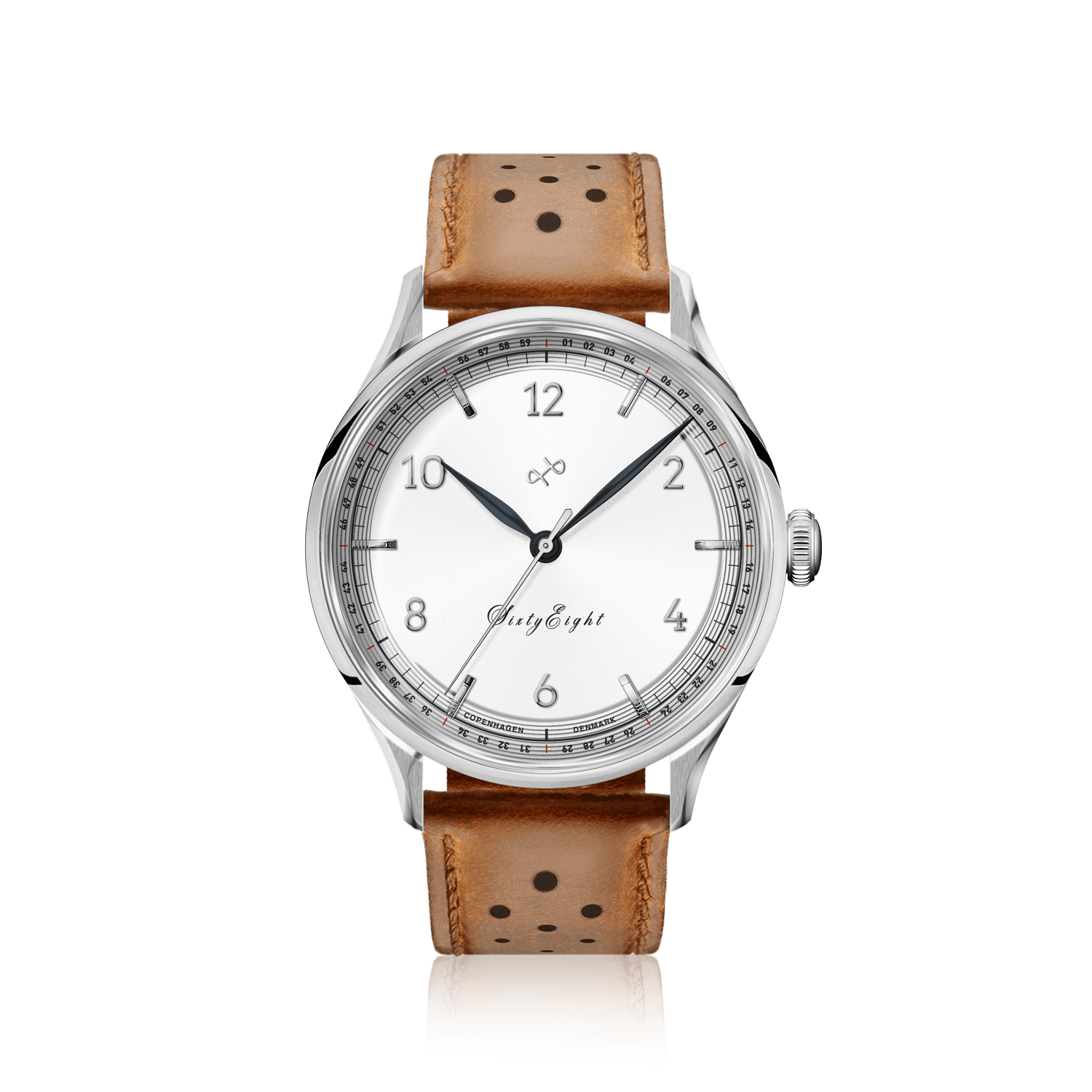 1968 Sixtyeight by AV86 vintage-inspired dress watch with sapphire crystal, minimalist dial, and perforated brown leather strap