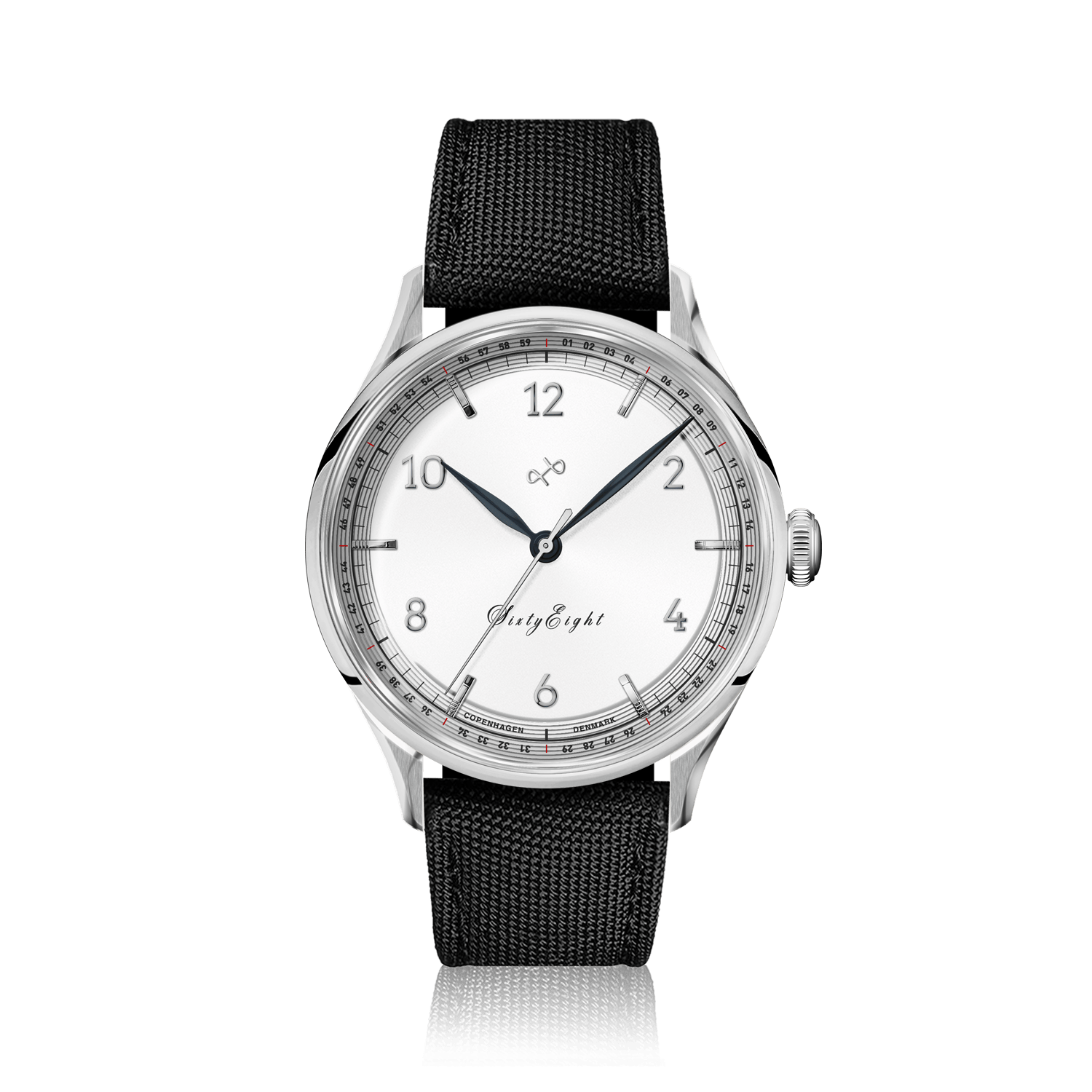 1968 Sixtyeight by AV86 luxury dress watch with vintage-inspired dial, sapphire crystal, stainless steel case, and black fabric strap