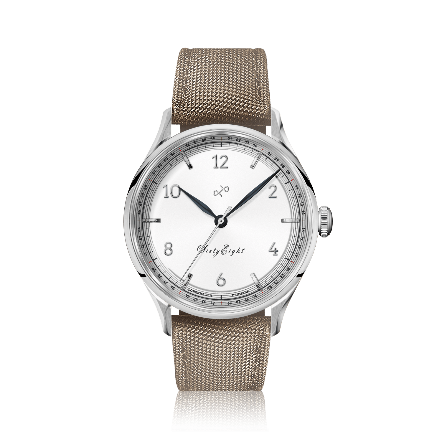 1968 Sixtyeight by AV86 vintage-inspired dress watch with minimalist dial, sapphire crystal, and woven fabric strap