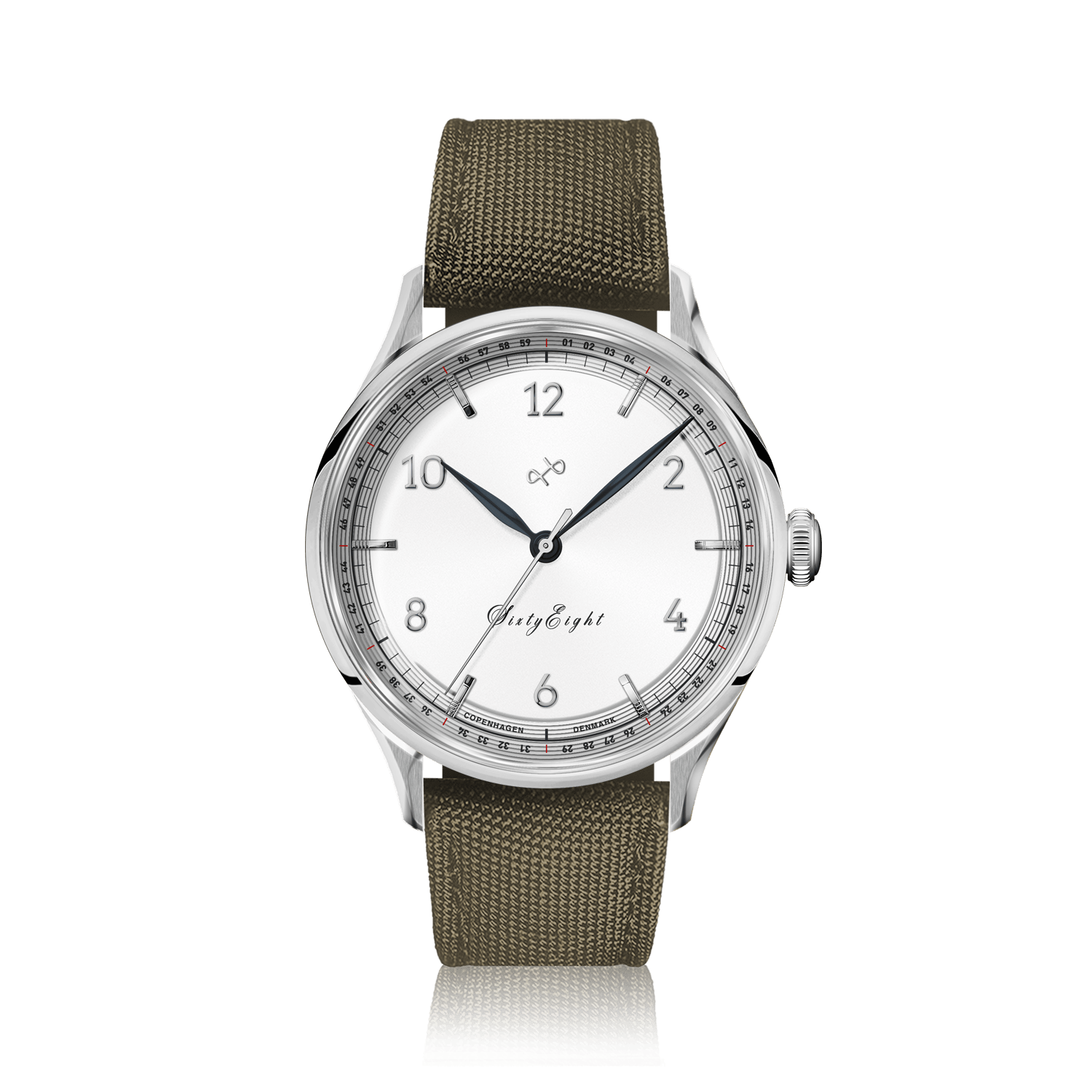 1968 Sixtyeight by AV86 vintage-inspired dress watch with sapphire crystal, clean white dial, and textured fabric strap