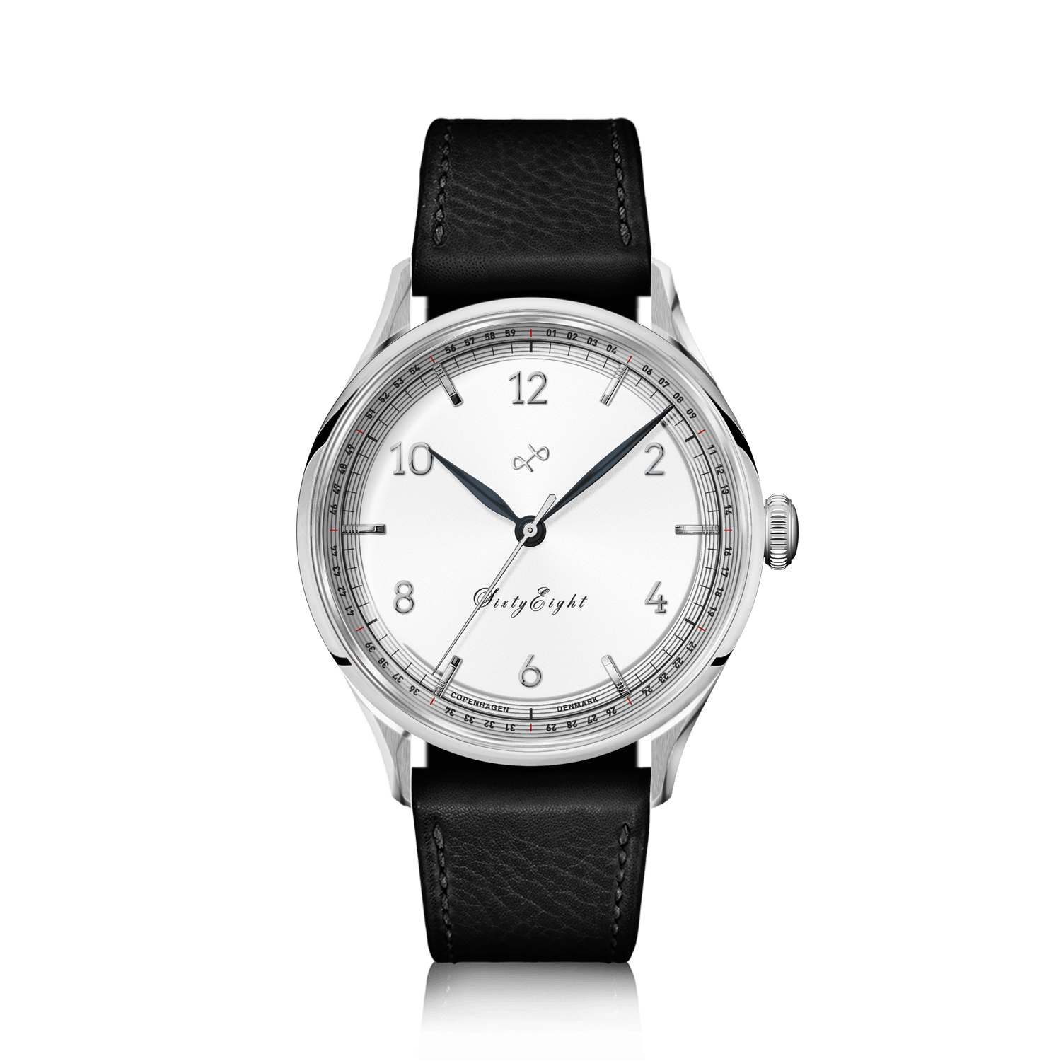 1968 Sixtyeight by AV86 luxury dress watch with vintage-inspired dial, sapphire crystal, polished case, and black leather strap