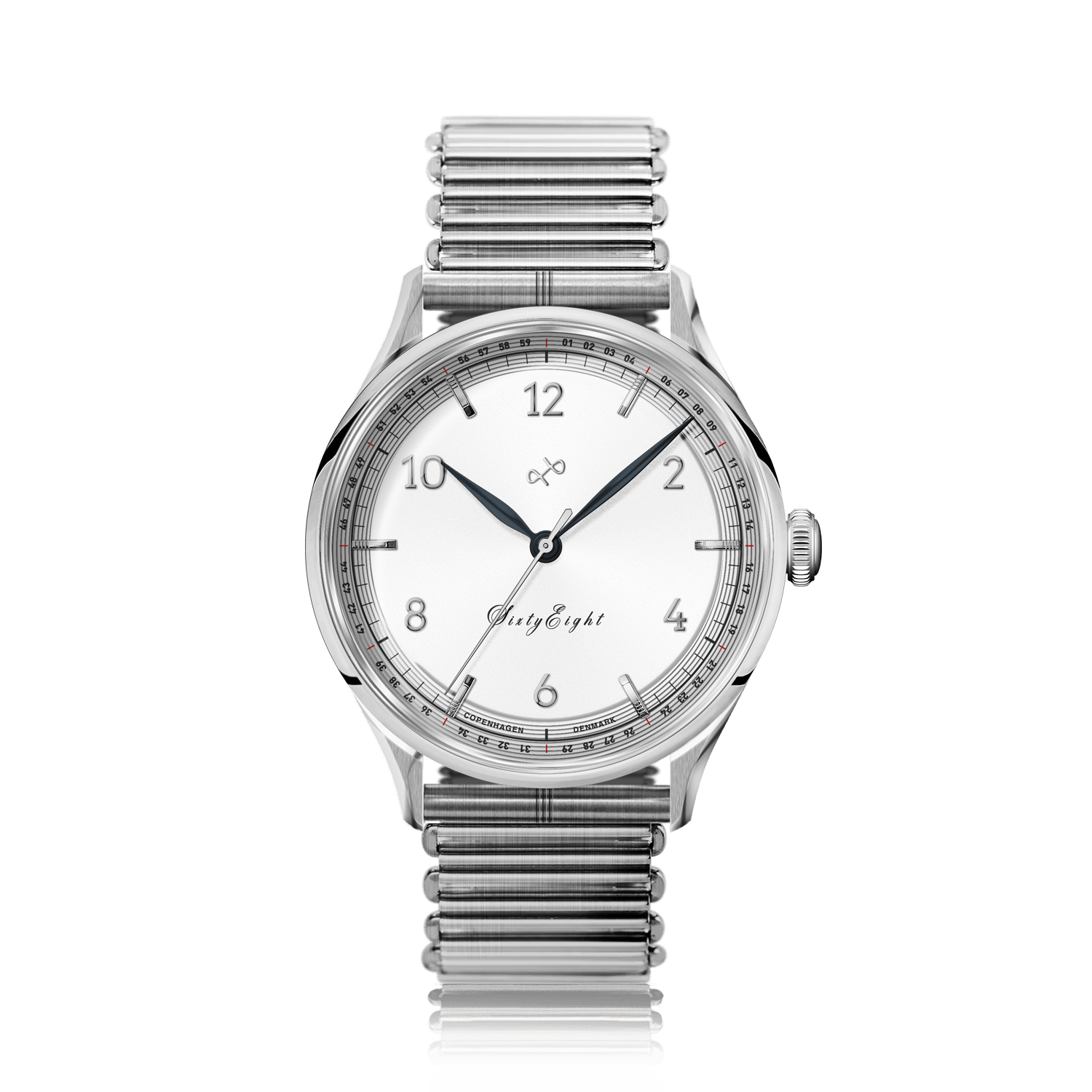 1968 Sixtyeight by AV86 vintage-inspired dress watch with sapphire crystal, subtle dial details, and stainless steel bracelet strap