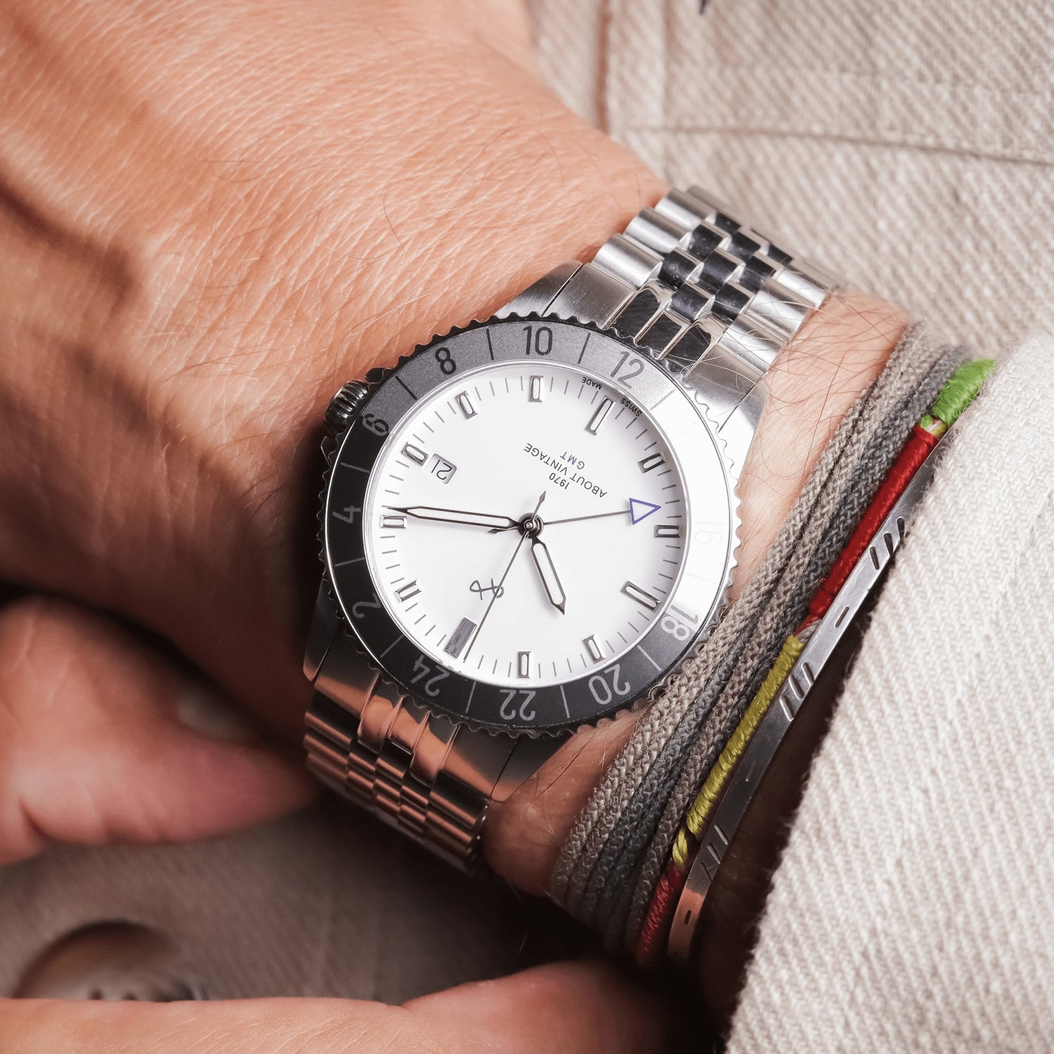 1970 Glacier GMT Automatic by AV86 vintage-inspired GMT with sapphire crystal, rotating bezel, and stainless steel bracelet strap