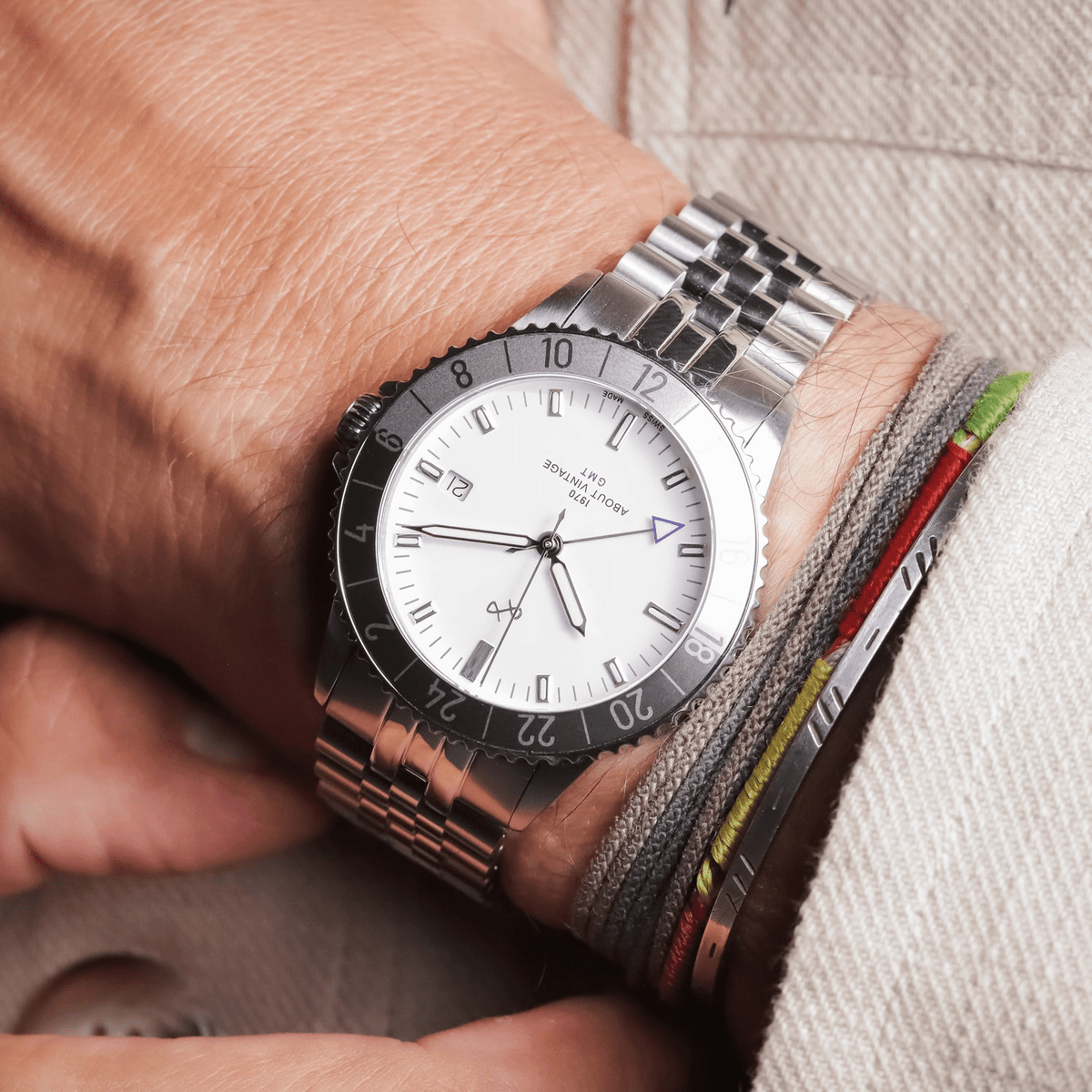 1970 Glacier GMT Automatic by AV86 vintage-inspired GMT with sapphire crystal, rotating bezel, and stainless steel bracelet strap