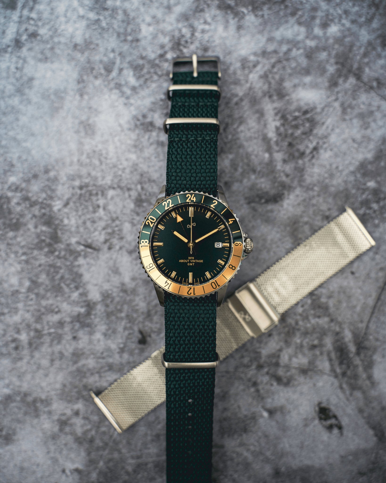 1970 Haagen GMT Automatic, Swiss Made by AV86 with vintage-inspired dial, GMT bezel, sapphire crystal, and textured fabric strap