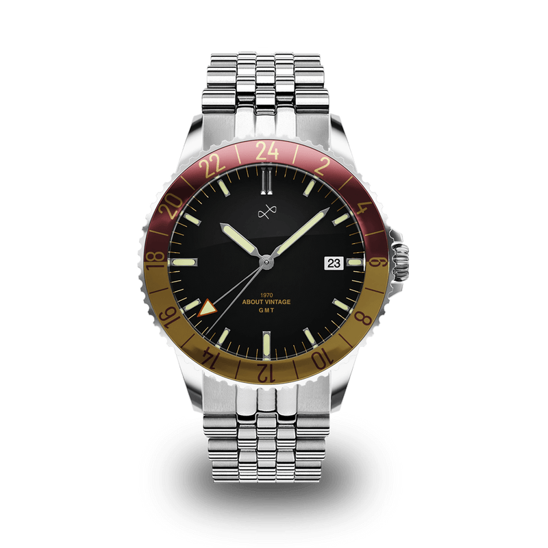 1970 Haagen GMT Automatic, burgundy-gold bezel, Swiss Made GMT watch by AV86 with sapphire crystal and steel bracelet strap