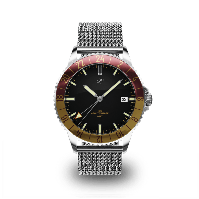 1970 Haagen GMT Automatic, Swiss Made by AV86 with vintage-inspired dial, burgundy-gold bezel, sapphire crystal, and mesh steel bracelet strap
