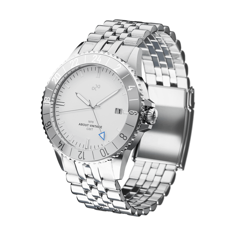 1970 Glacier GMT Automatic by AV86 luxury Swiss made GMT with sapphire crystal, steel case, date window, and metal bracelet strap