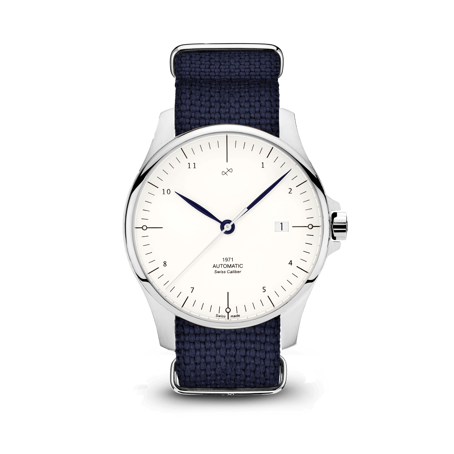 1971 Automatic, Steel / White - Swiss Made by AV86 with minimalist dial, sapphire crystal, Swiss automatic movement, and textile strap