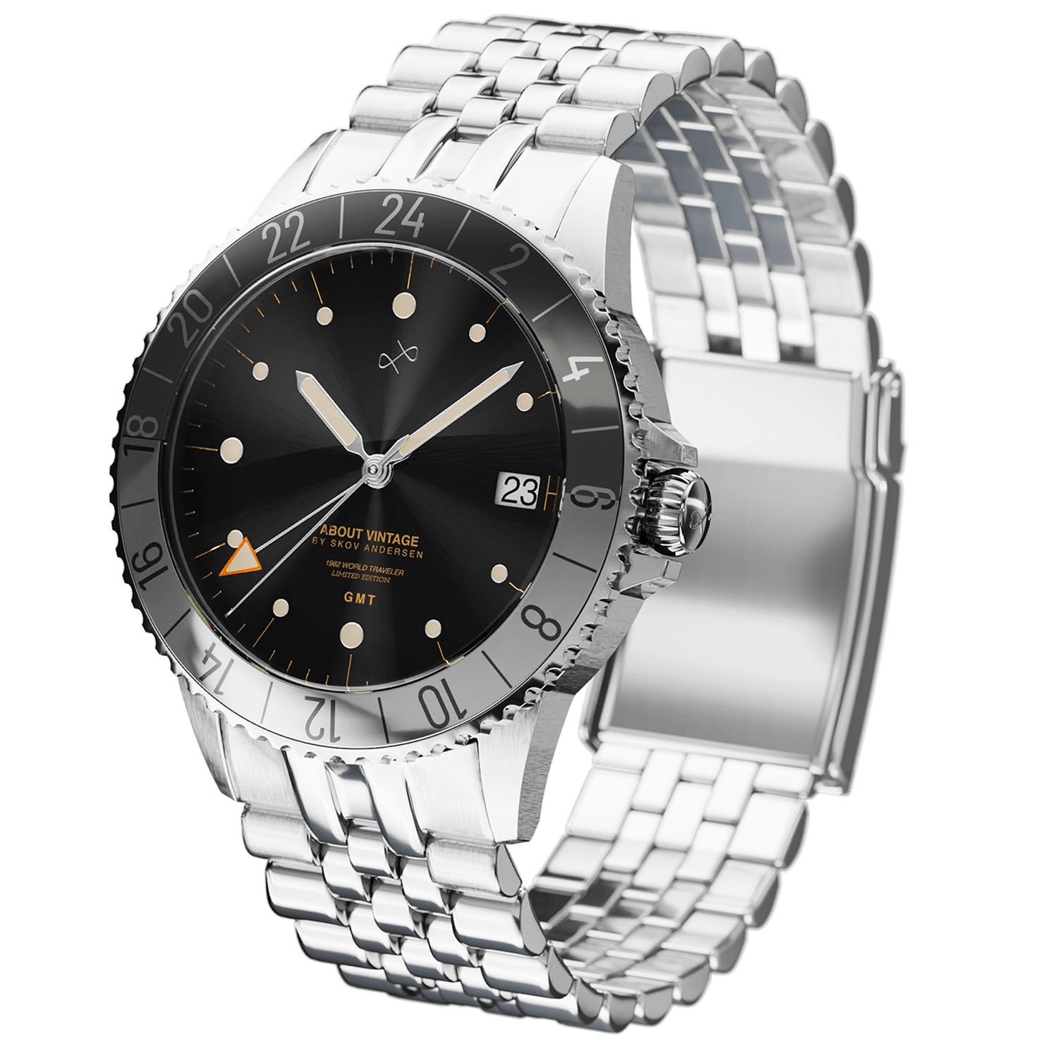 1982 GMT World Traveler by AV86 luxury quartz GMT with black vintage-inspired dial, sapphire crystal, and metal bracelet strap