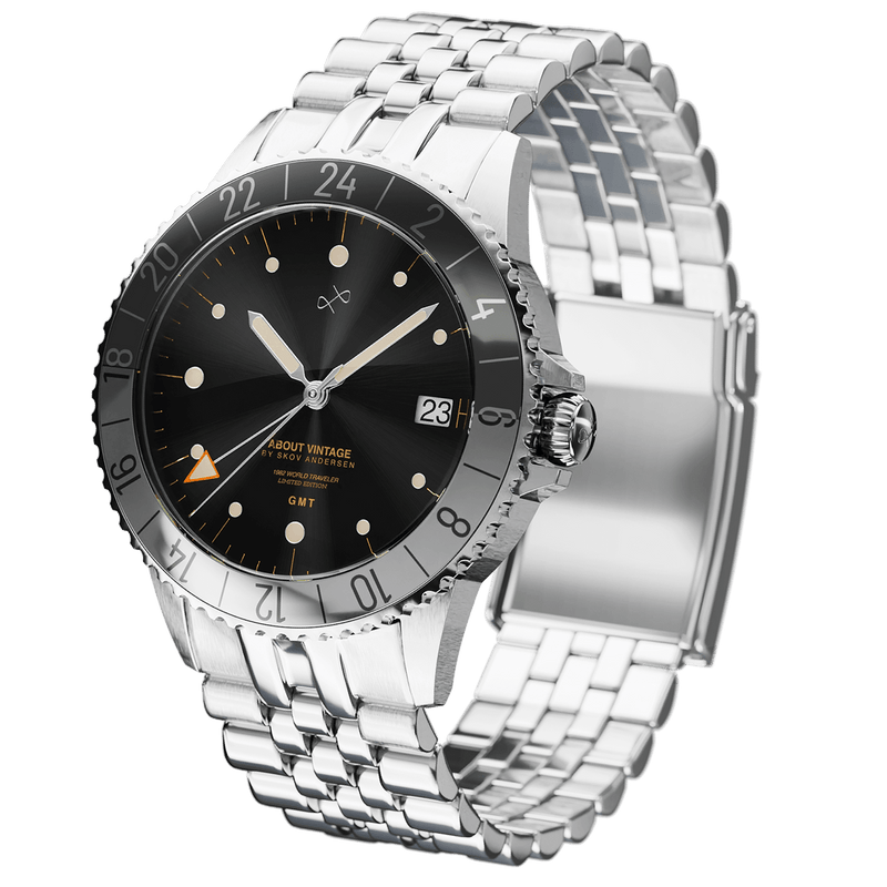 1982 GMT World Traveler by AV86 luxury quartz GMT with black vintage-inspired dial, sapphire crystal, and metal bracelet strap