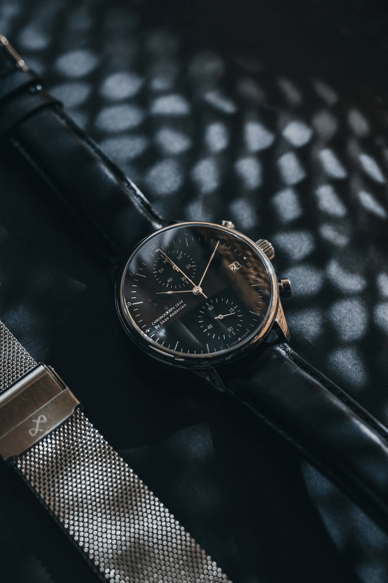 1844 Chronograph by AV86 luxury timepiece with sapphire crystal, chronograph dial, date display, and black leather strap