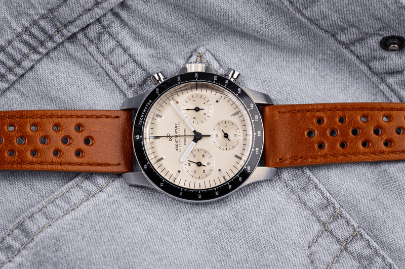 1960 Racing Chronograph by AV86 vintage-inspired chronograph with sapphire crystal, tachymeter bezel, and perforated brown leather strap
