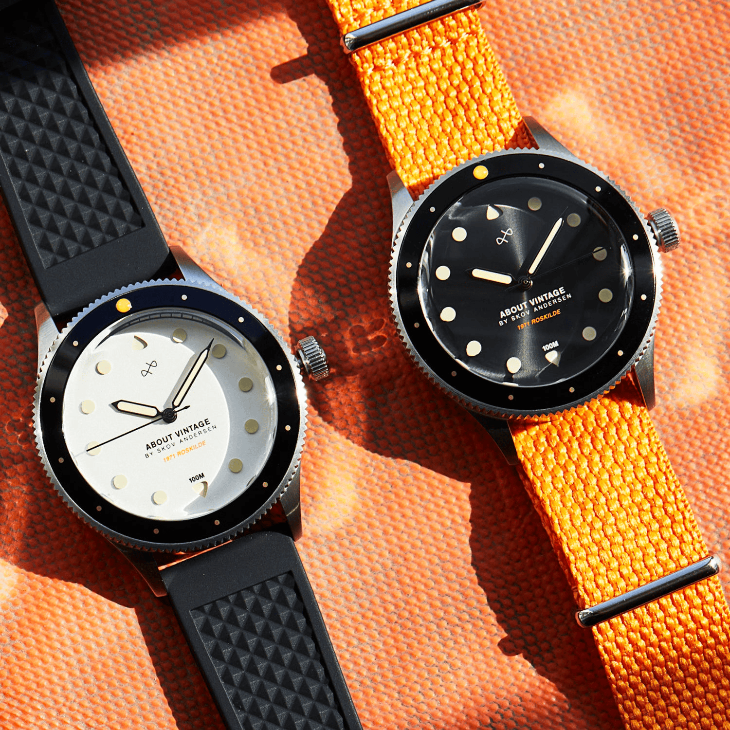 1971 Stagediver, 39mm by AV86 vintage-inspired diver with sapphire crystal, compass bezel, and rubber and fabric strap options