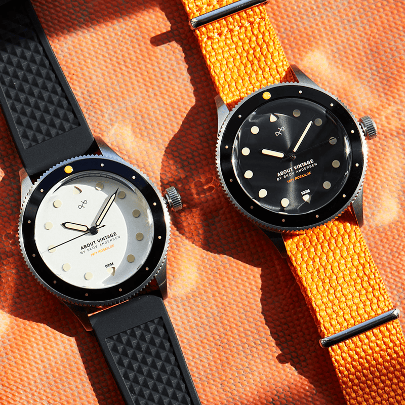 1971 Stagediver, 39mm by AV86 vintage-inspired diver with sapphire crystal, compass bezel, and rubber and fabric strap options