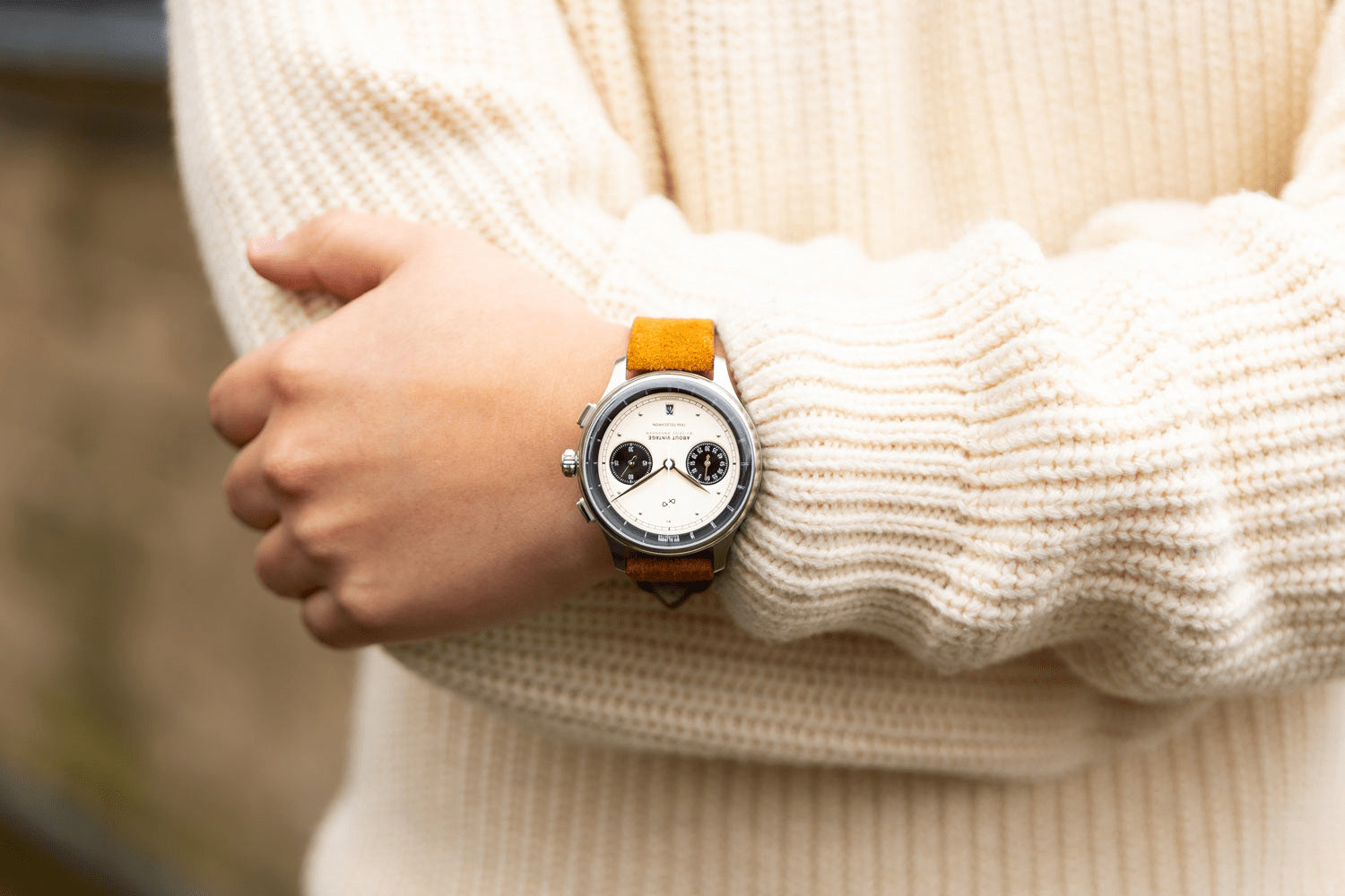 1934 Telechron by AV86 vintage-inspired chronograph with telemeter, sapphire crystal, and leather strap on wrist