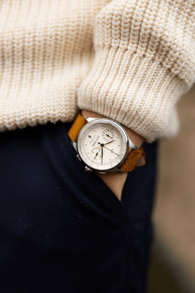 1934 Telechron by AV86 vintage-inspired chronograph with telemeter, sapphire crystal, and textured leather strap on wrist