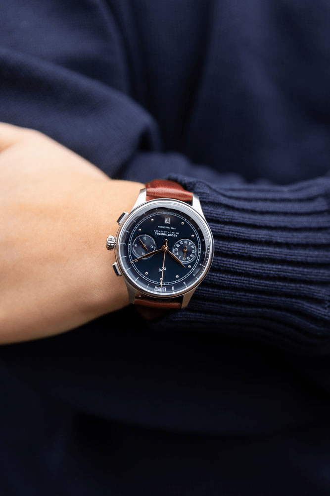 1934 Telechron by AV86 vintage-inspired chronograph with telemeter, sapphire crystal, brown leather strap, and steel case
