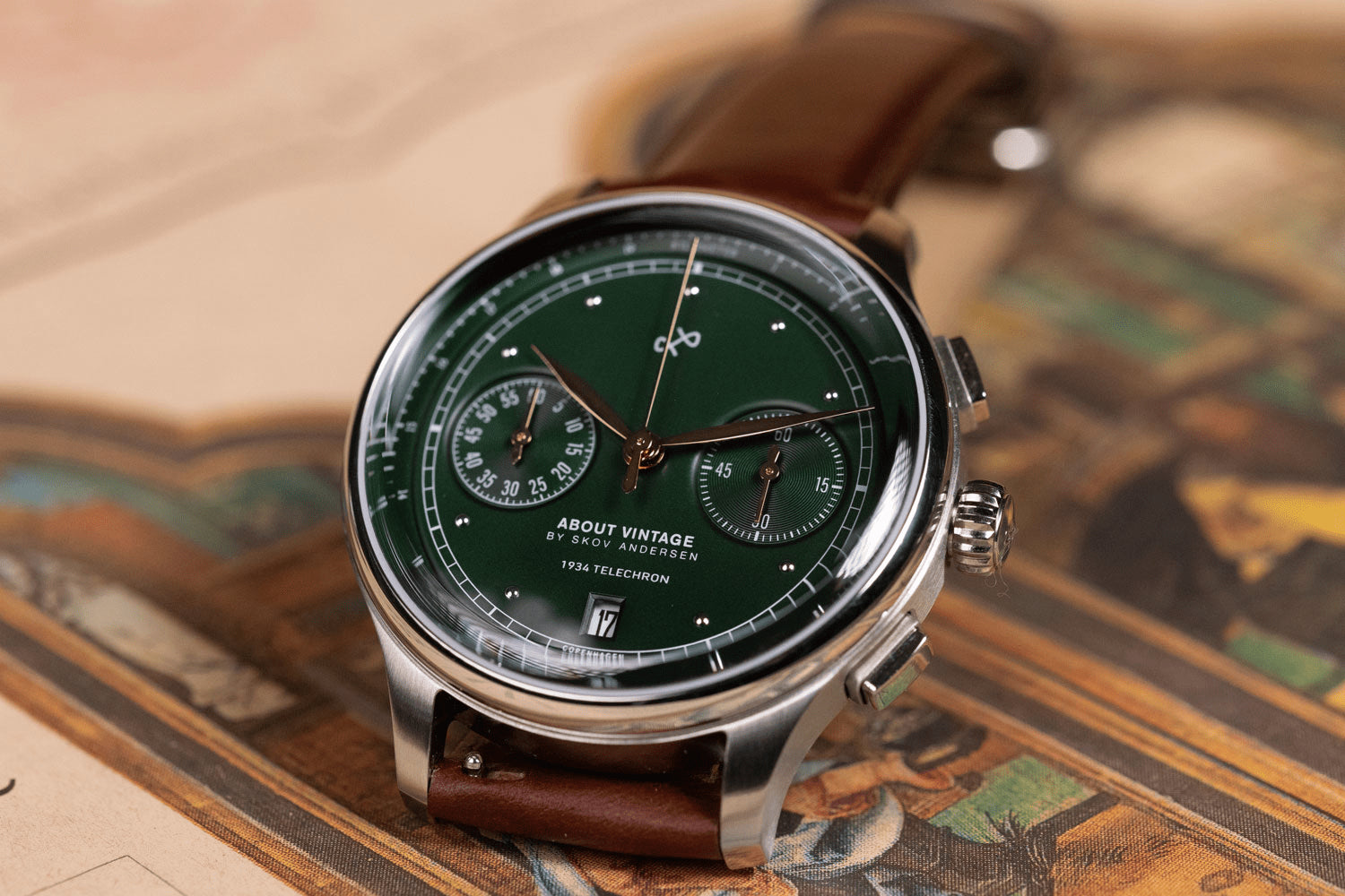 1934 Telechron by AV86 vintage-inspired chronograph with telemeter, sapphire crystal, and brown leather strap