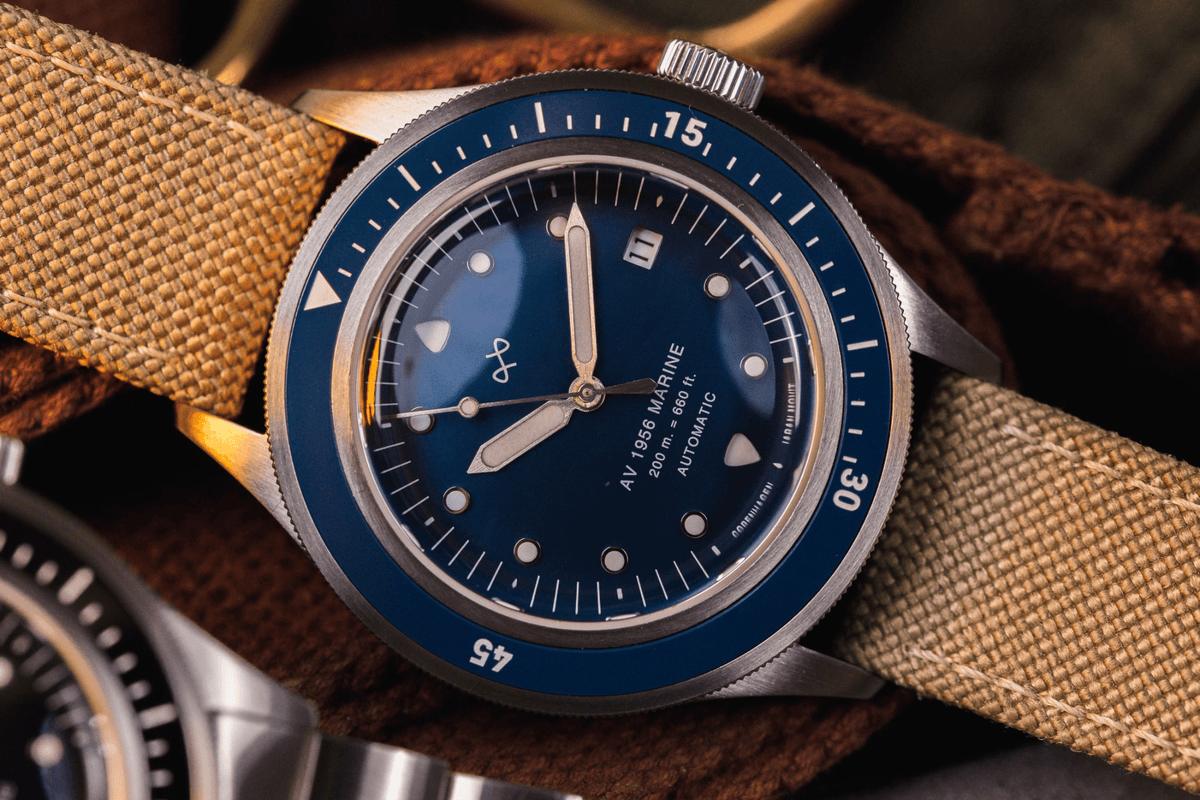 1956 Marine Automatic by AV86 vintage-inspired diver with sapphire crystal, automatic movement, and beige fabric strap