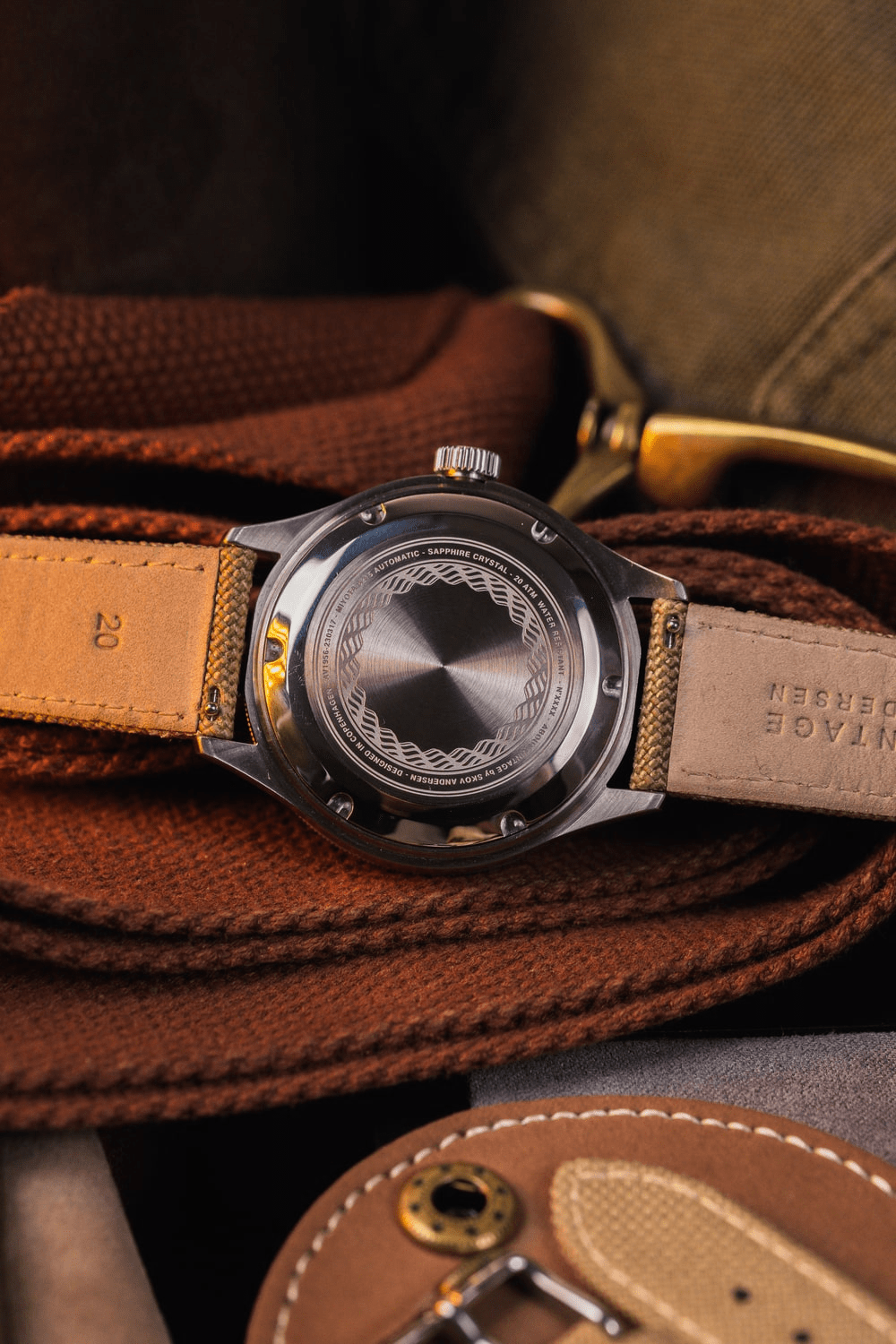 1956 Marine Automatic by AV86 with engraved stainless steel case back, automatic movement, and leather strap detailing