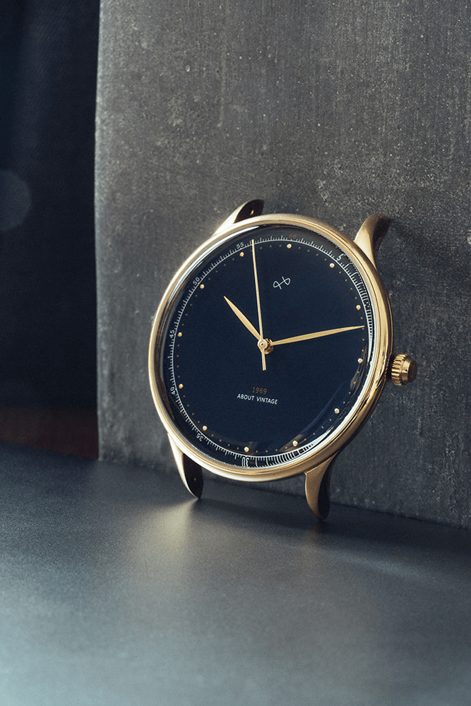 1969 Vintage, Gold / Midnight Blue - Special Edition – 39mm by AV86 minimalist dress watch with sapphire crystal and slim gold case