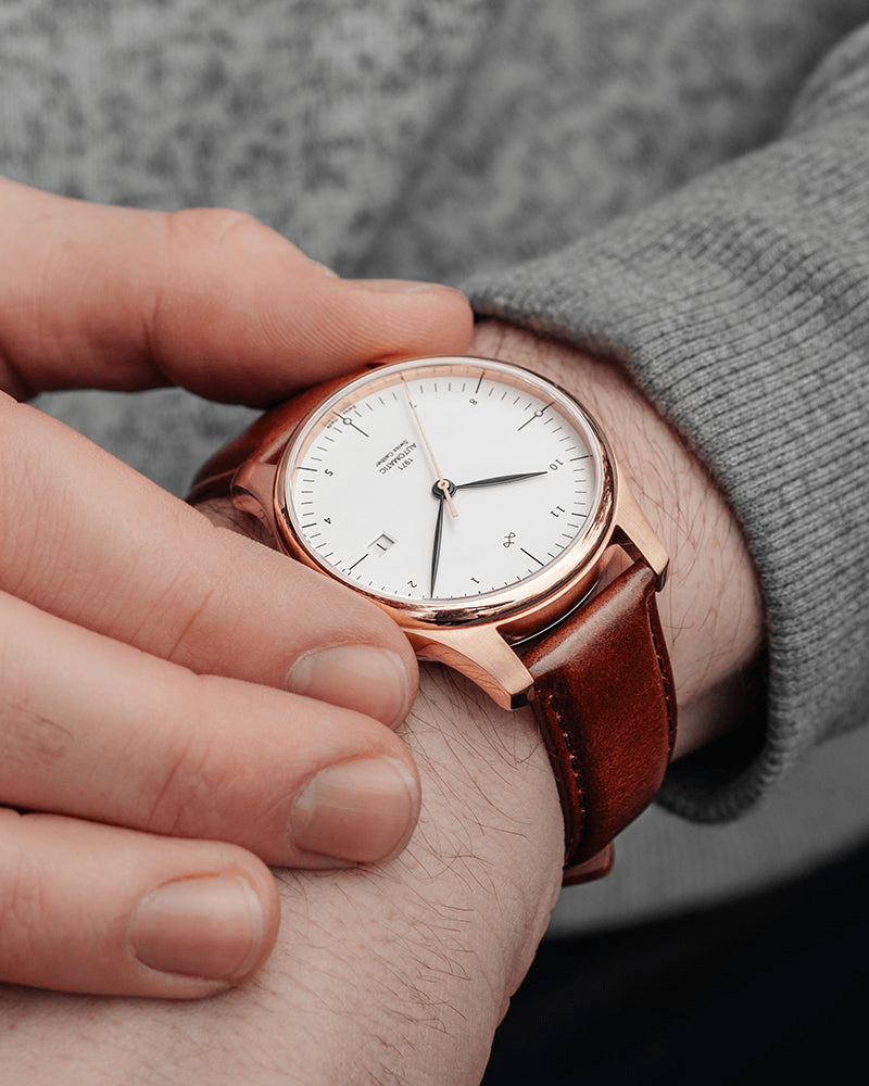 1971 Automatic, Rose Gold / White - Swiss Made by AV86 vintage-inspired automatic with sapphire crystal and brown leather strap