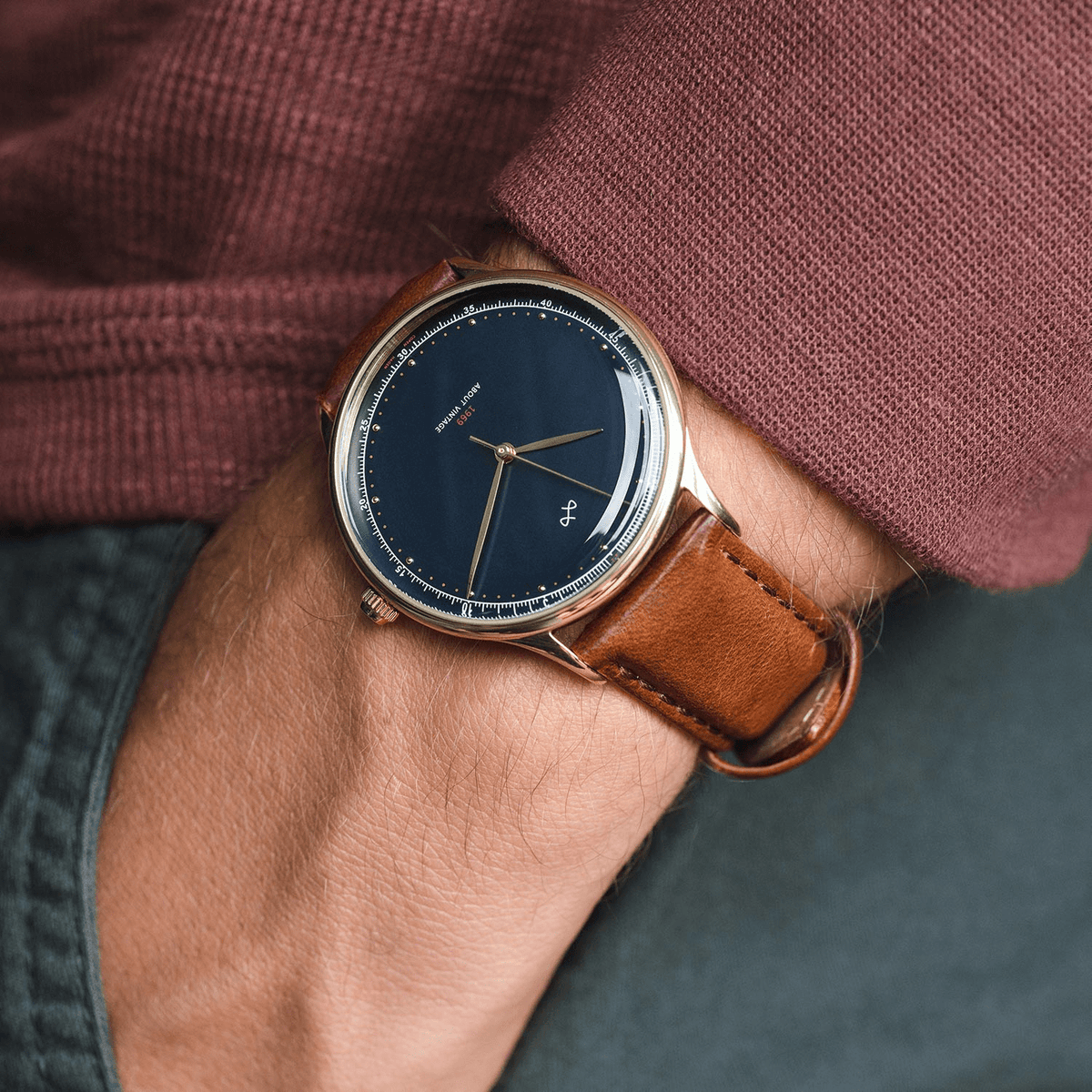 1969 Vintage, Gold / Midnight Blue - Special Edition – 39mm by AV86 with minimalist dial, sapphire crystal, and leather strap
