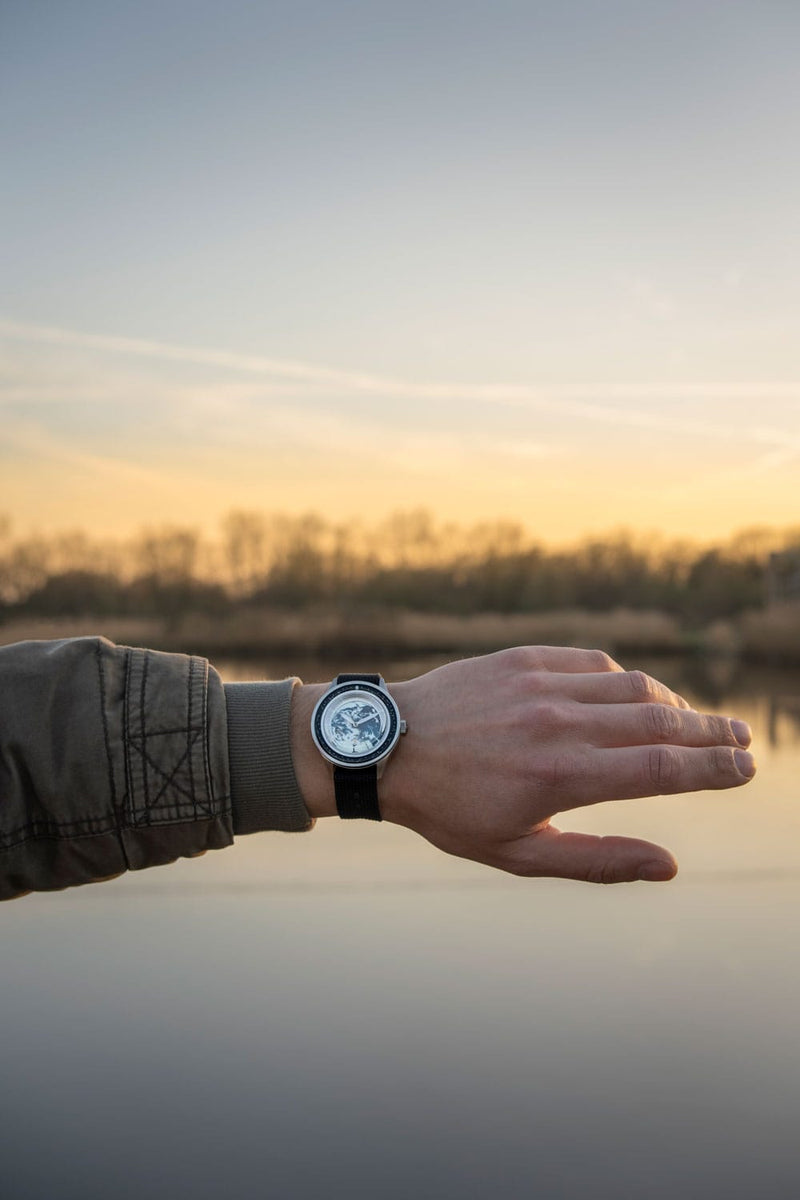 Earthrise WWF Partnership, Automatic / 2025 Edition by AV86 with automatic movement, sapphire crystal, and black rubber strap outdoors at sunset