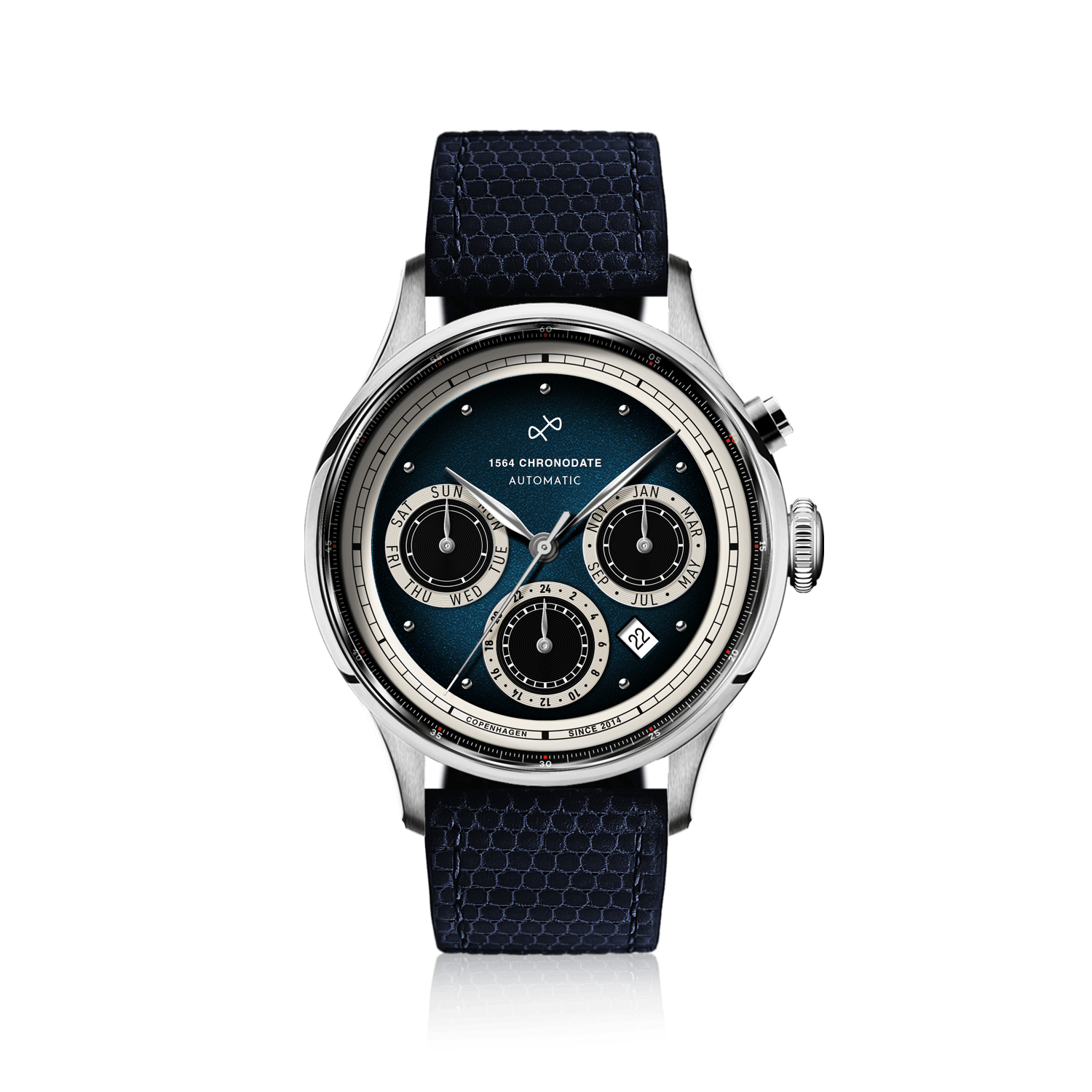 1564 Chronodate Automatic, Steel / Blue by AV86 presents a vintage-inspired automatic chronograph with a deep blue gradient dial, triple subdials for day, month, and 24-hour display, date window, polished steel case, and a textured blue leather strap, exemplifying Danish horological precision and Scandinavian design.