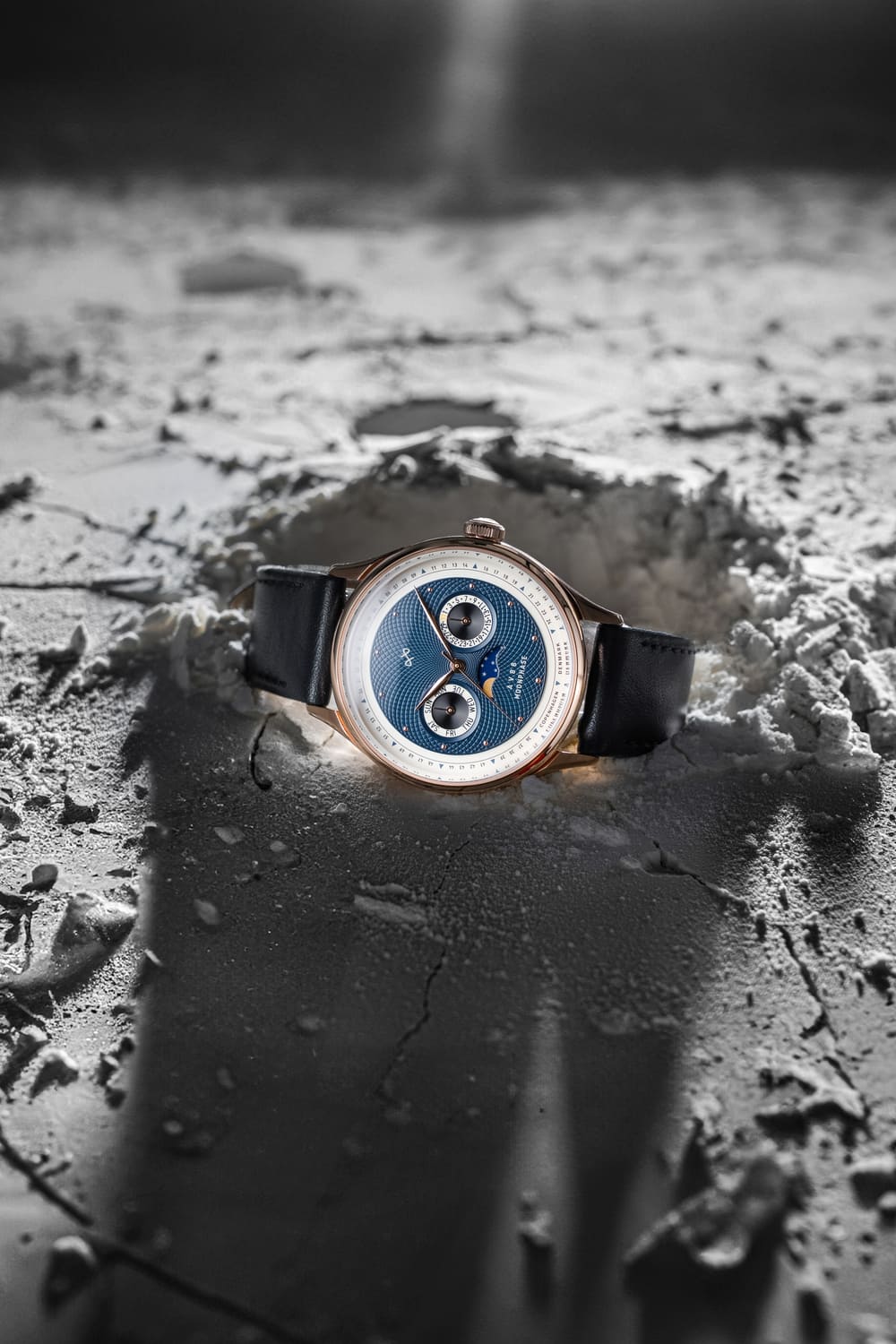 1968 Moonphase, Rose Gold / Dark Blue by AV86 vintage-inspired moonphase watch with sapphire crystal and black leather strap