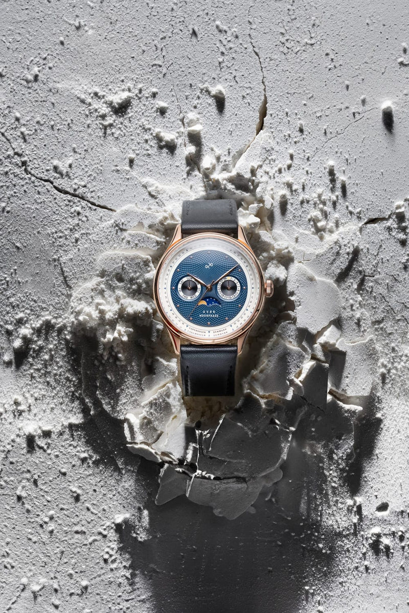 1968 Moonphase by AV86 luxury moonphase watch with sapphire crystal, blue dial, rose gold case, and black leather strap